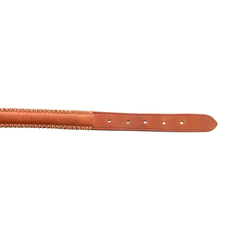Caramel leather dog collar with stitched edging, adjustable length, and metal clasp for comfort and style.