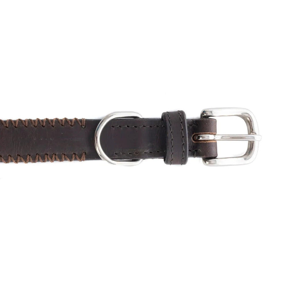 Chocolate leather dog collar with stitched edging and metal buckle, designed for medium to large dogs.