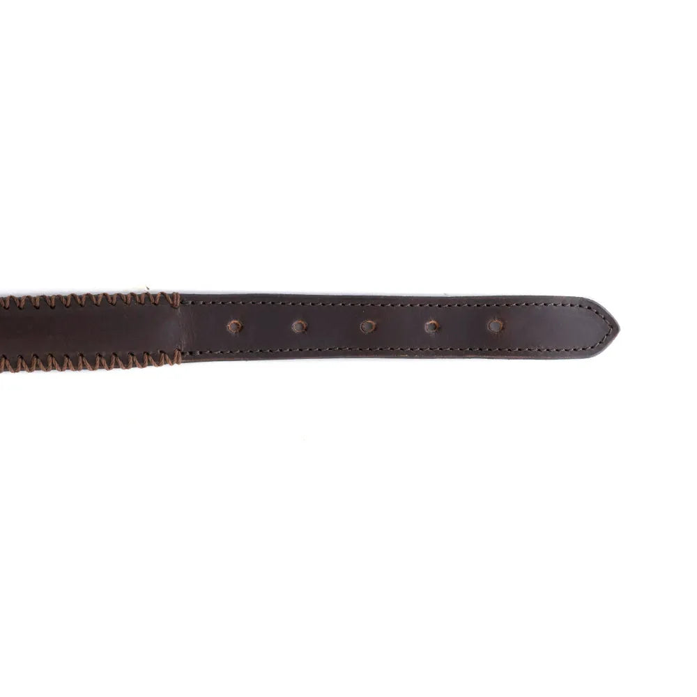 Chocolate leather dog collar with stitched edging and adjustable holes for secure fitting. Designed for medium to large dogs.