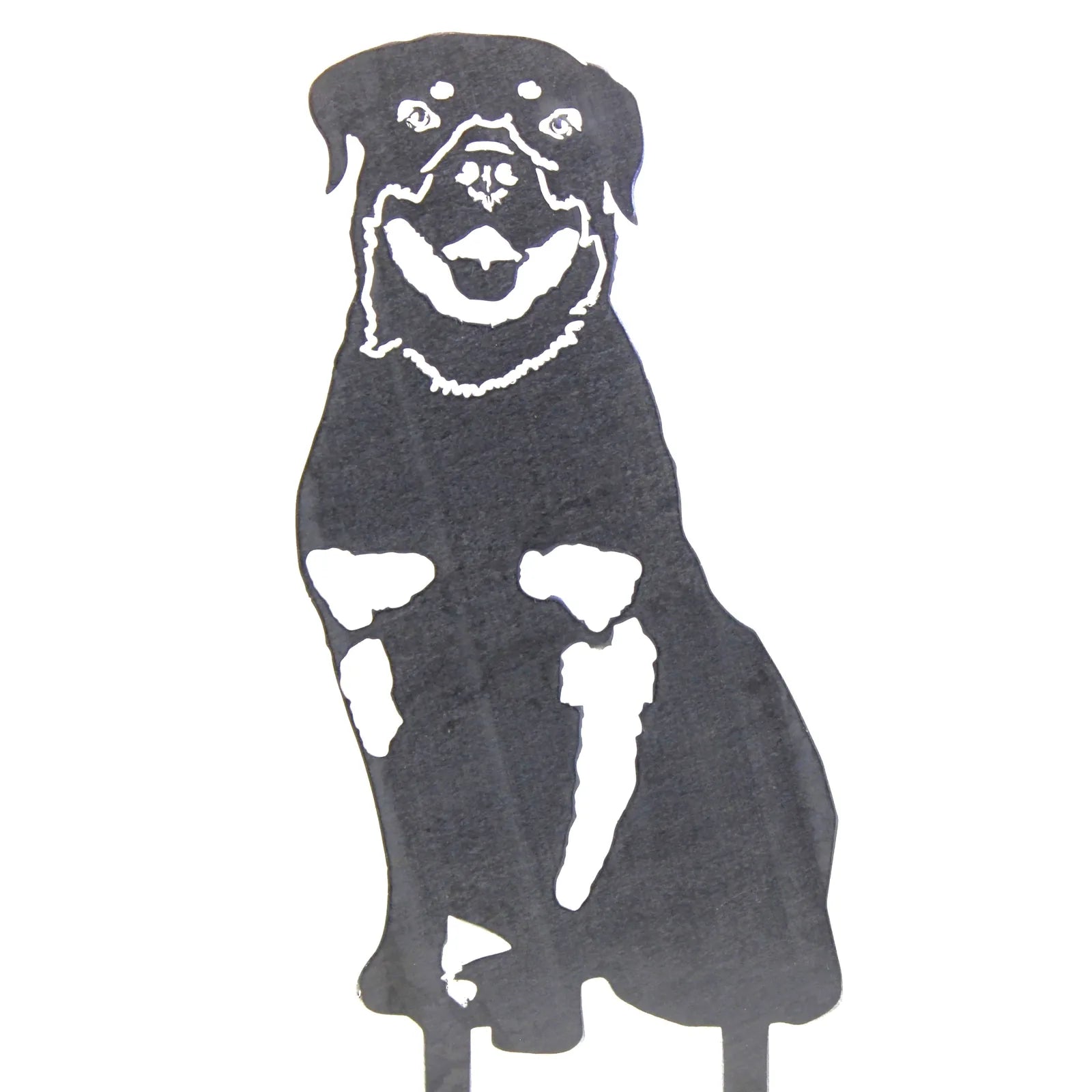 Rottweiler metal silhouette in matte black, showcasing a sitting dog design, perfect for outdoor decor.