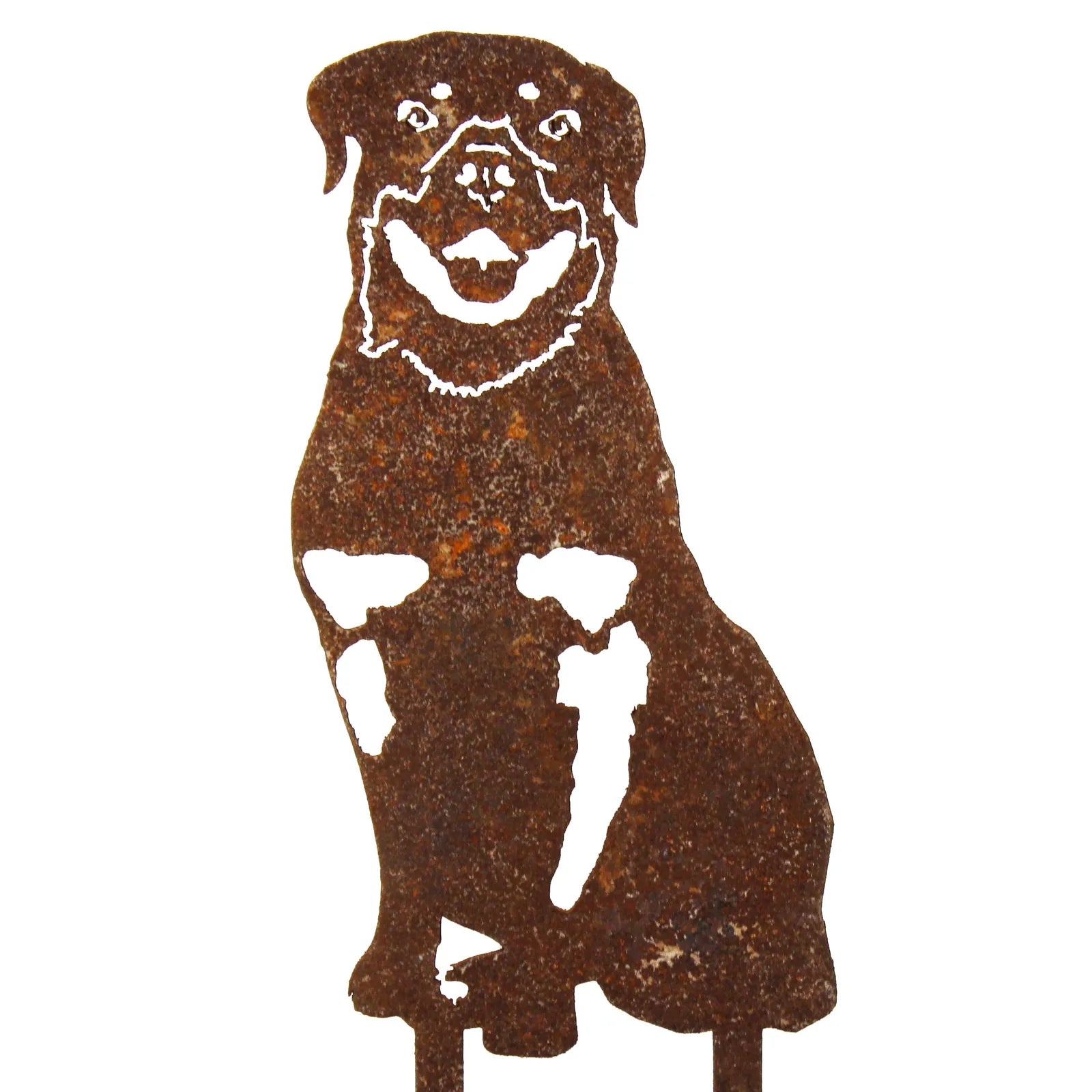 Rusty Rottweiler metal silhouette, handmade from Corten steel, showcasing a dog sitting with a happy expression.