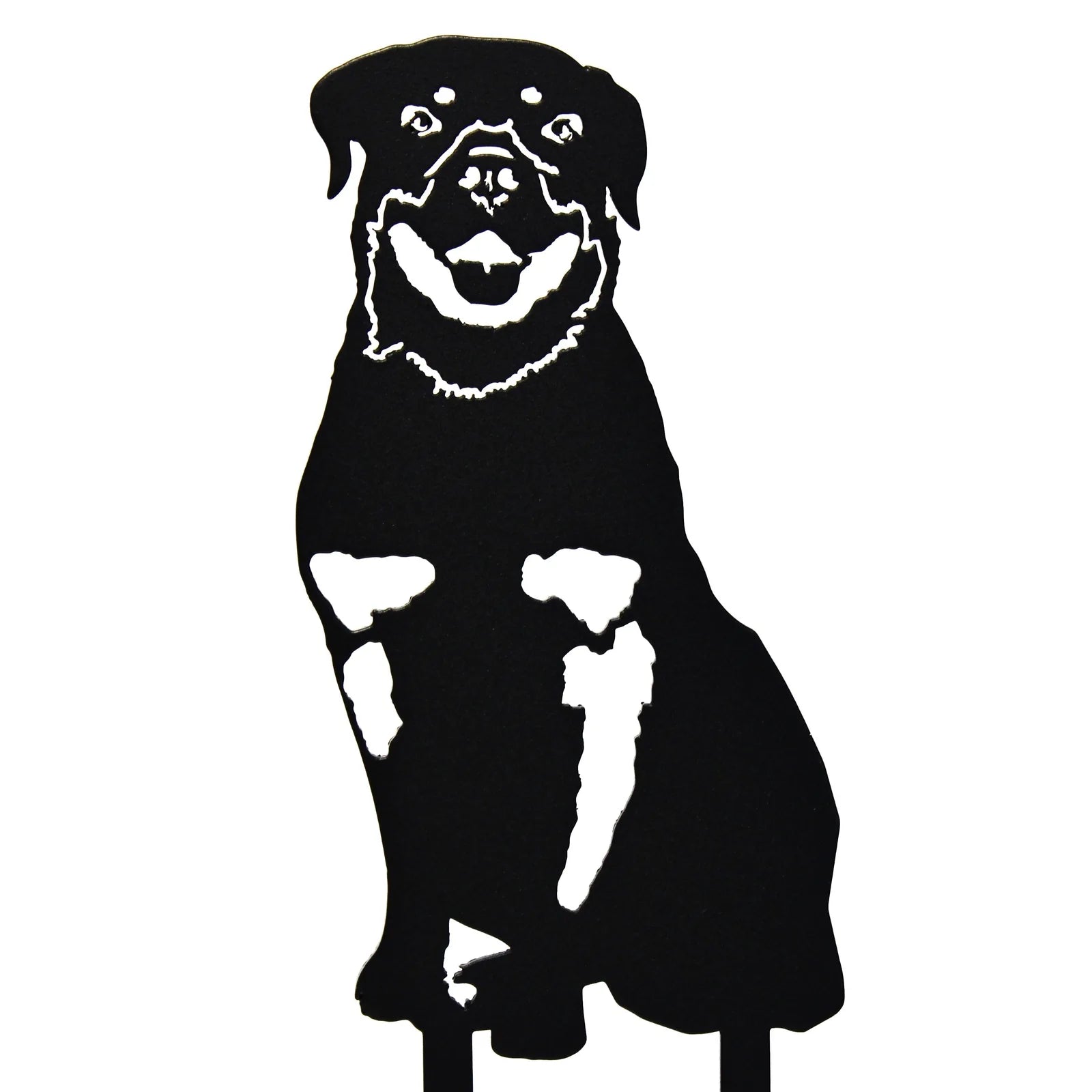 Black metal silhouette of a Rottweiler sitting, showcasing detailed features and playful expression, perfect for outdoor d...