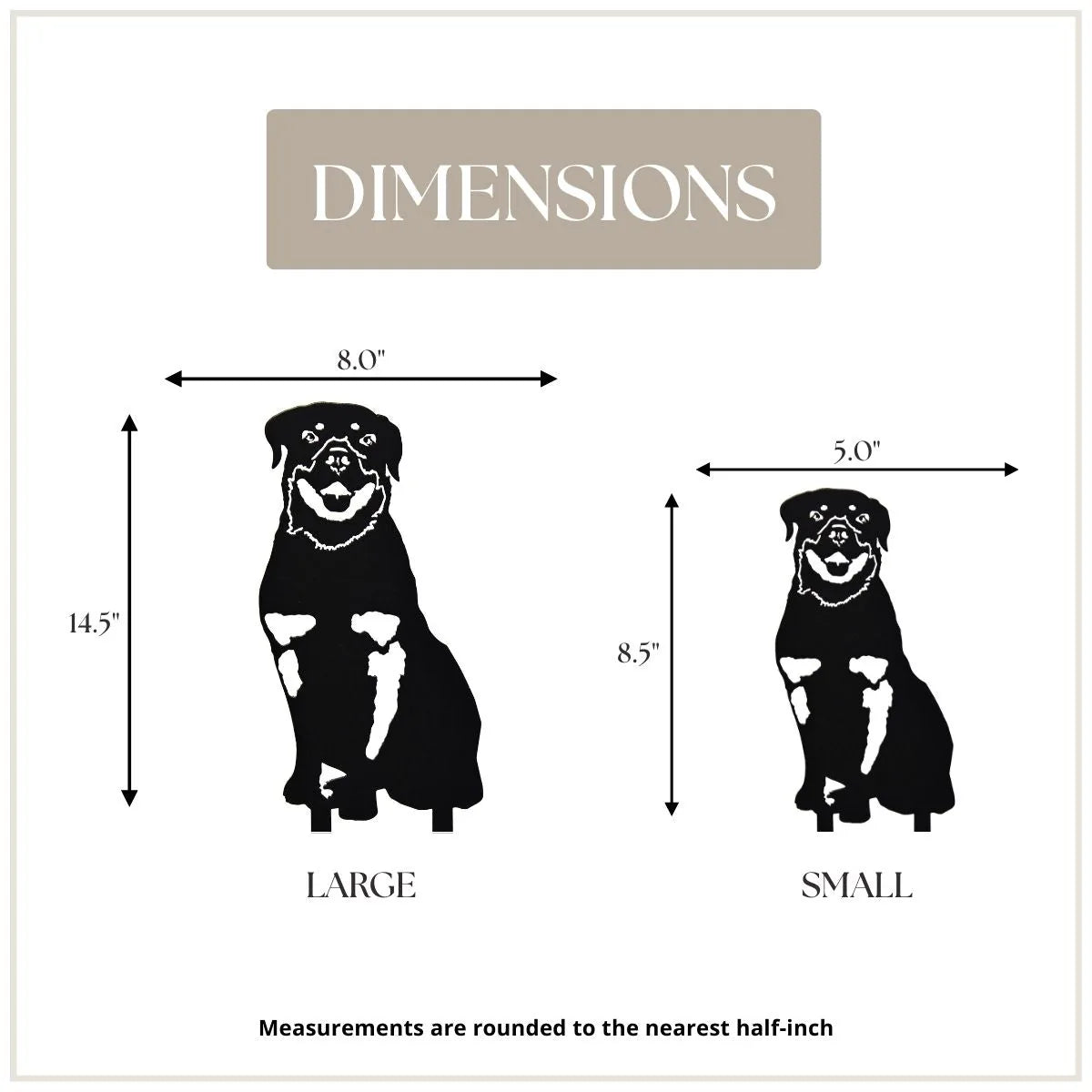 Rottweiler metal silhouette dimensions, showcasing large (14.5") and small (8.5") sizes in a matte black finish.
