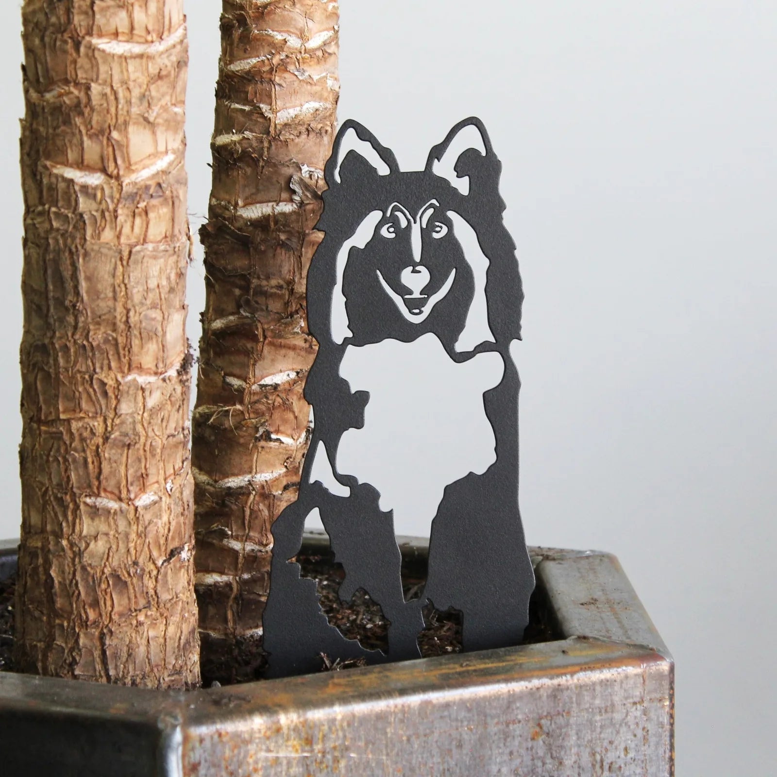 Black metal silhouette of a Rough Collie placed among tree branches in a rustic planter, showcasing dog decor elegance.