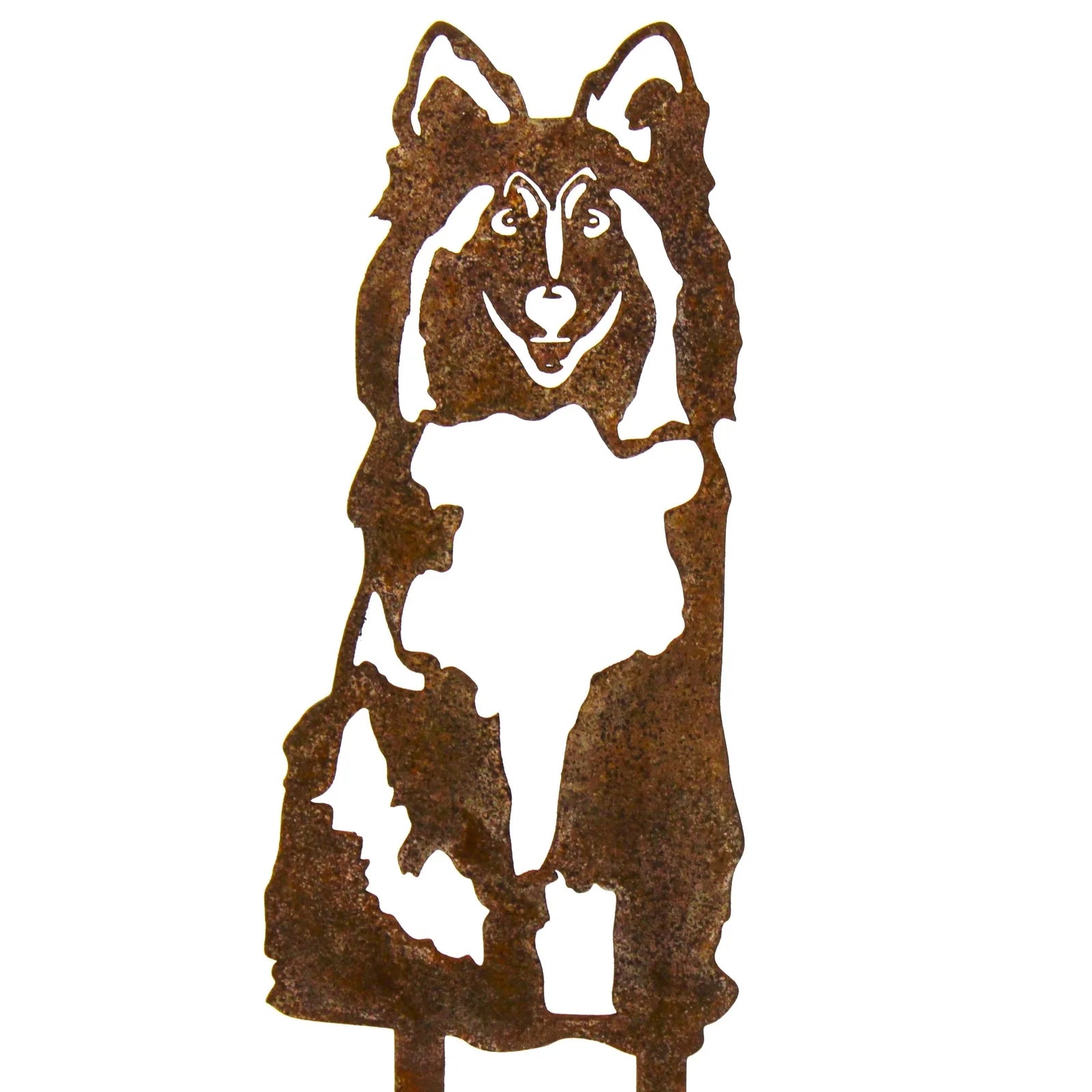 Rusty metal silhouette of a Rough Collie, showcasing intricate details and a charming design, perfect for outdoor decor.