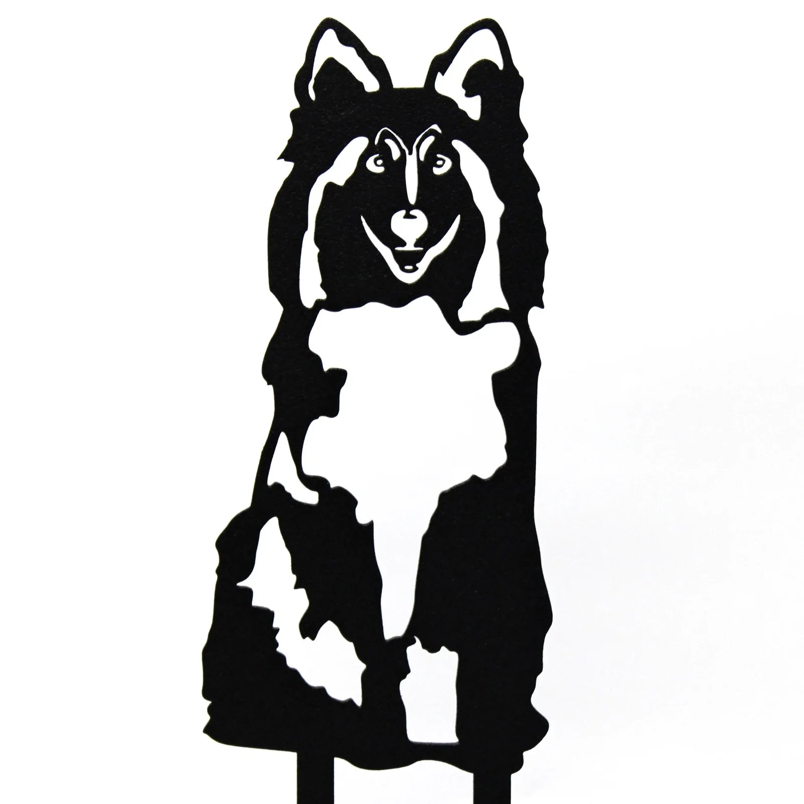 Black metal silhouette of a Rough Collie with detailed features, suitable for outdoor dog decor.