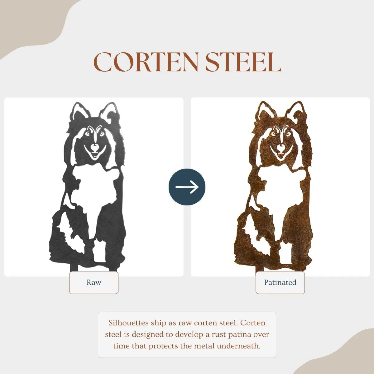 Rough Collie silhouette in raw and patinated Corten steel, showcasing a rustic design for outdoor dog decor.