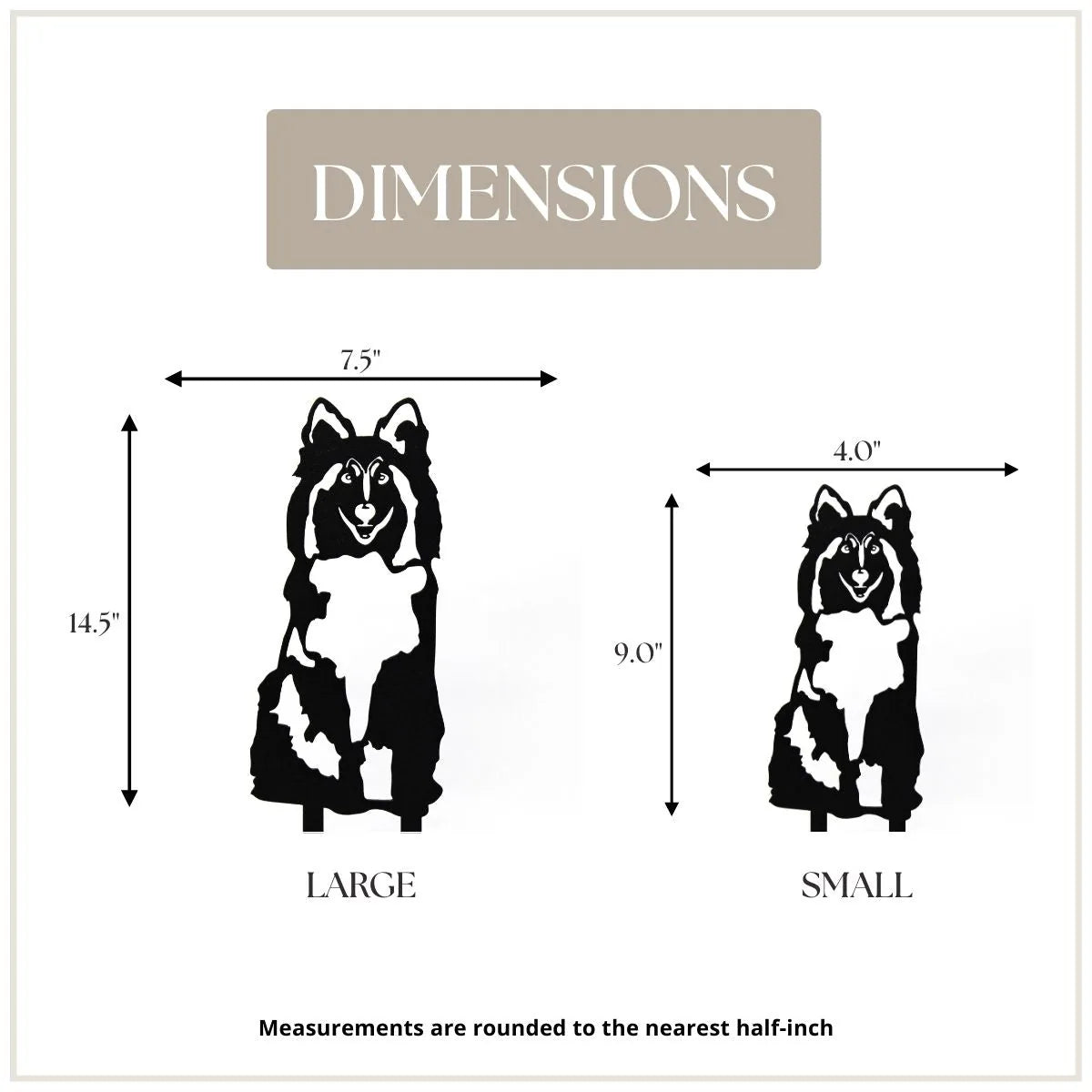 Rough Collie metal silhouette dimensions: large (14.5") and small (9") in matte black finish, ideal for outdoor decor.