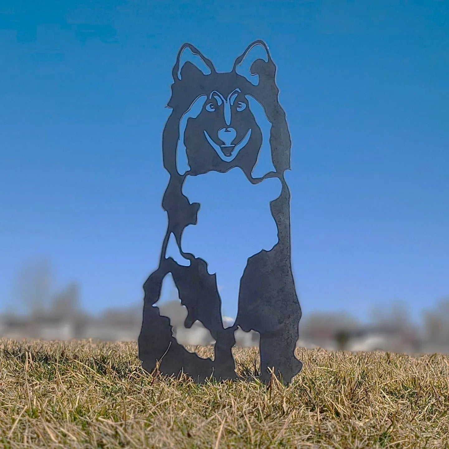 Rough Collie metal silhouette in black, standing on grass with a clear blue sky background, showcasing detailed design.