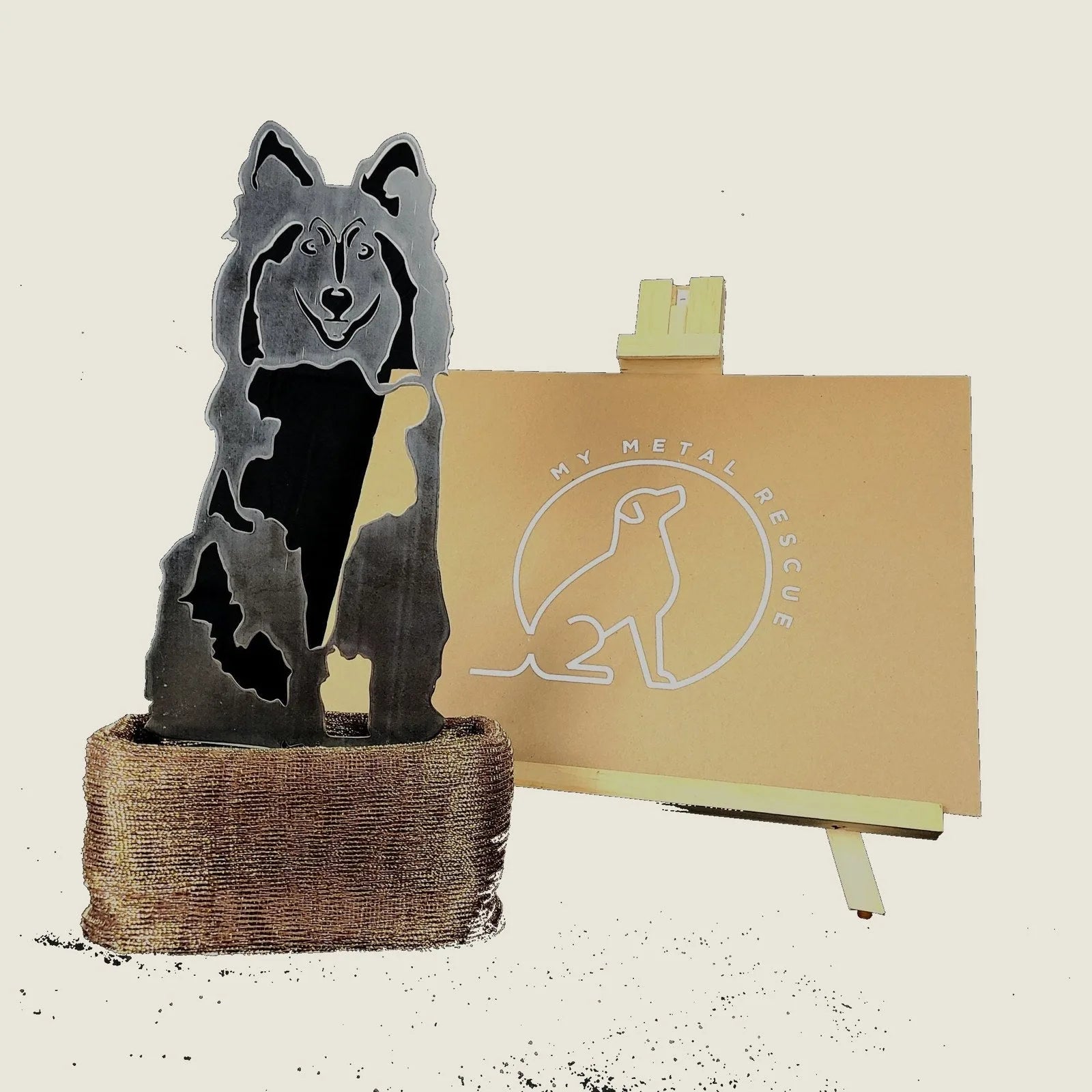 Rough Collie metal silhouette in Corten steel, featuring a rustic design with a weathered finish on a textured base.