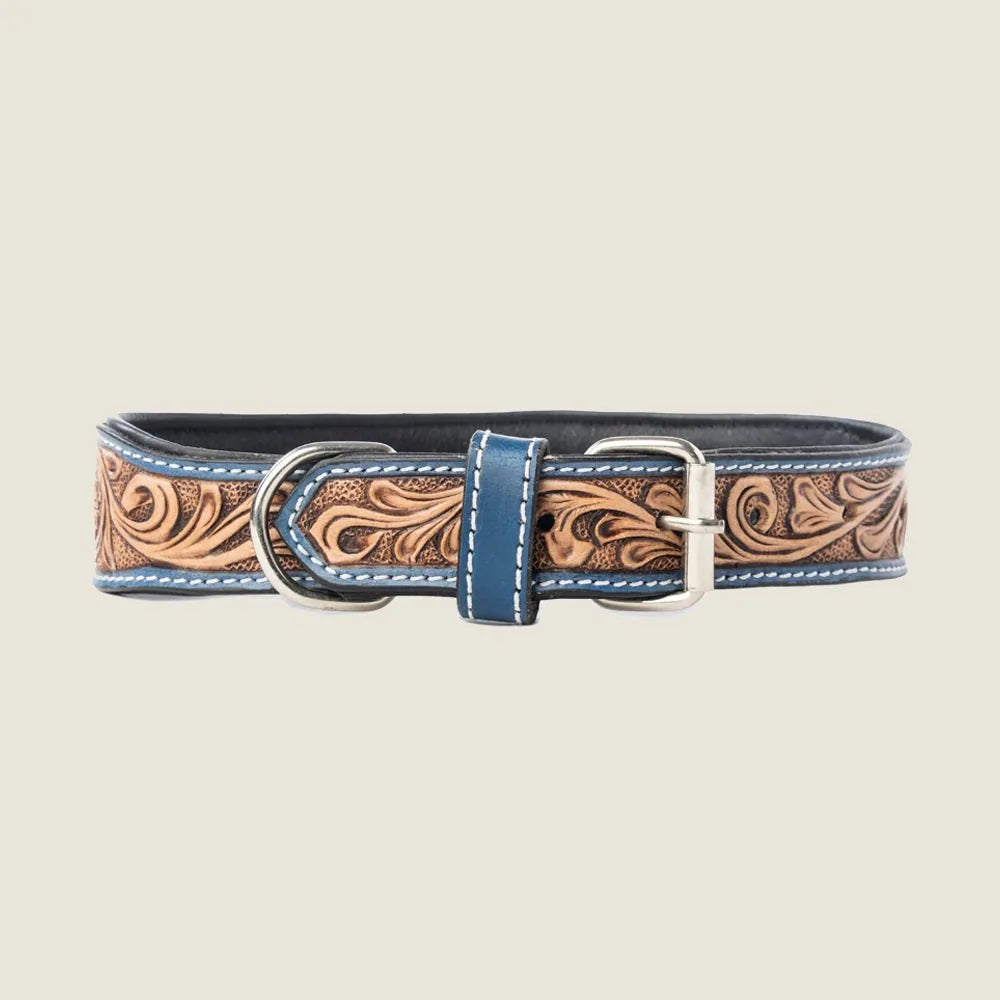 Stylish brown leather dog collar with intricate floral tooling and adjustable blue accents, perfect for daily wear.