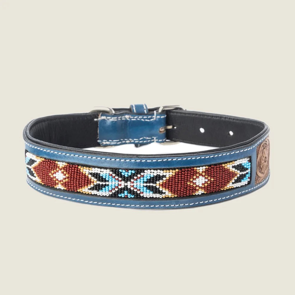 Brown leather dog collar featuring Southwestern beadwork in turquoise, burgundy, and cream with durable brass hardware.