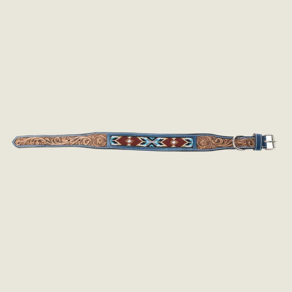 Beaded leather dog collar in brown featuring Southwestern patterns and hand-tooled floral details.