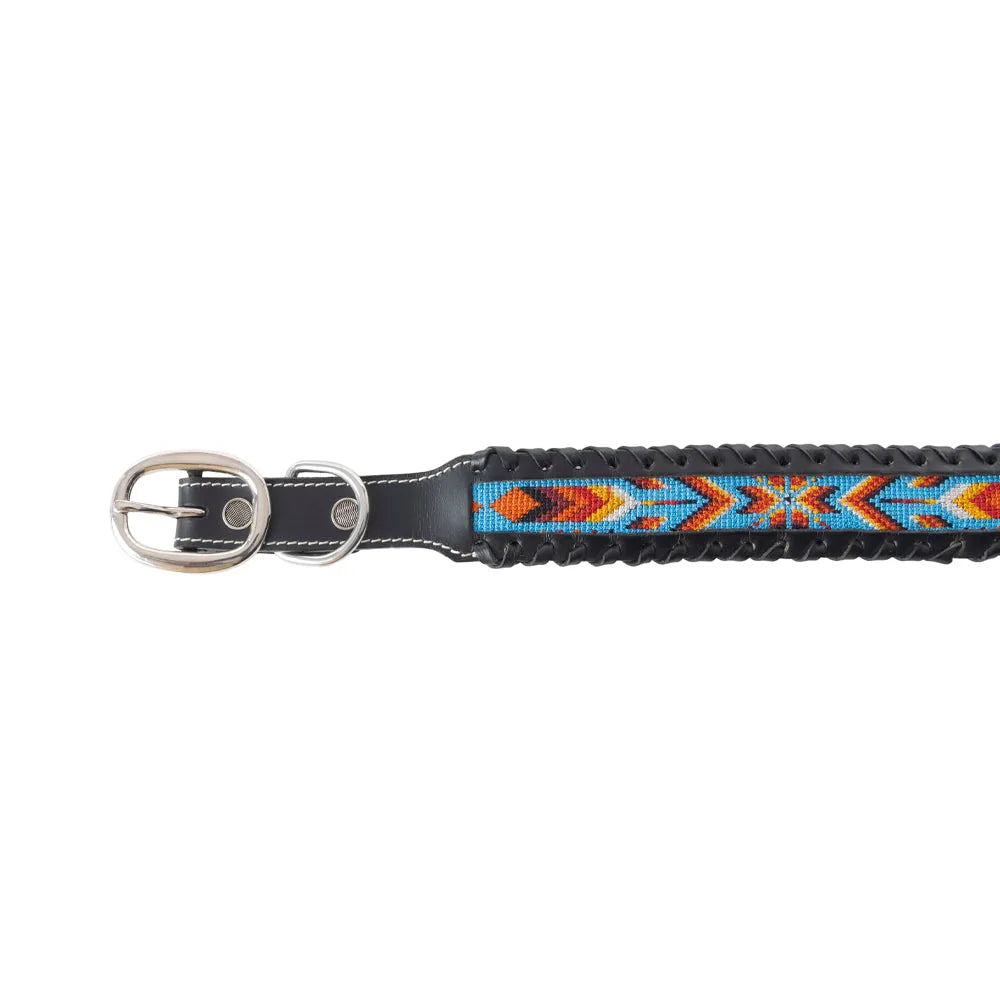 Black leather dog collar featuring vibrant desert-inspired beadwork in turquoise, rust, and gold tones.