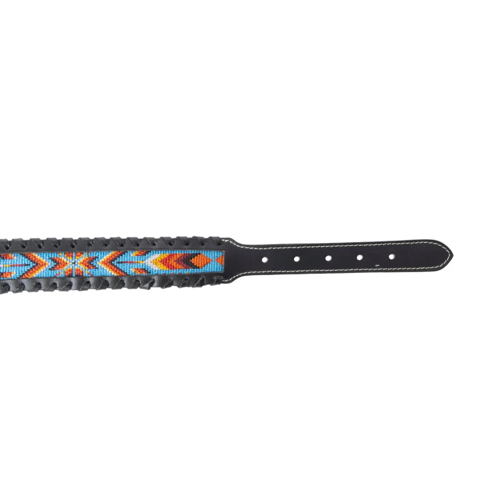 Handcrafted black leather dog collar with vibrant turquoise, rust, and golden beadwork in a Southwest pattern.