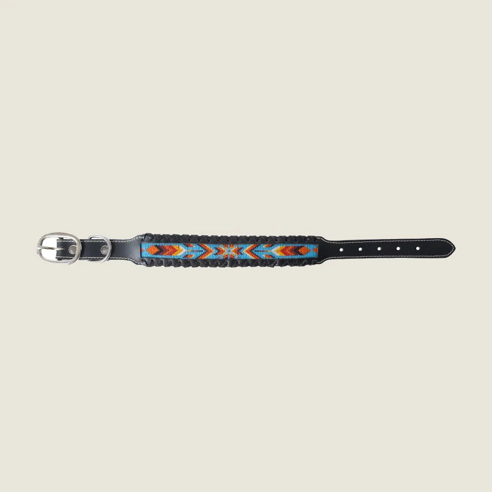 Handcrafted black leather dog collar with vibrant turquoise, rust, and gold desert-inspired beadwork design.