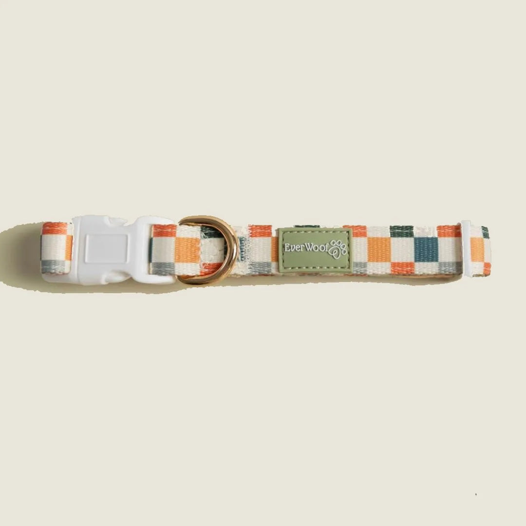 Sage & Cider plaid dog collar in soft neoprene and durable polyester, featuring a gold D-ring and EverWoof tag.