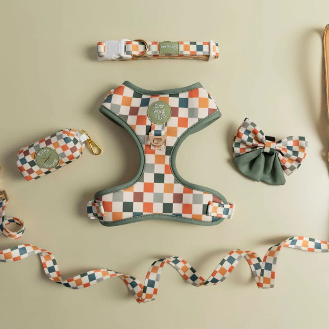 Sage and cider checked dog collar, harness, leash, and accessories in green, orange, and white on a beige background.