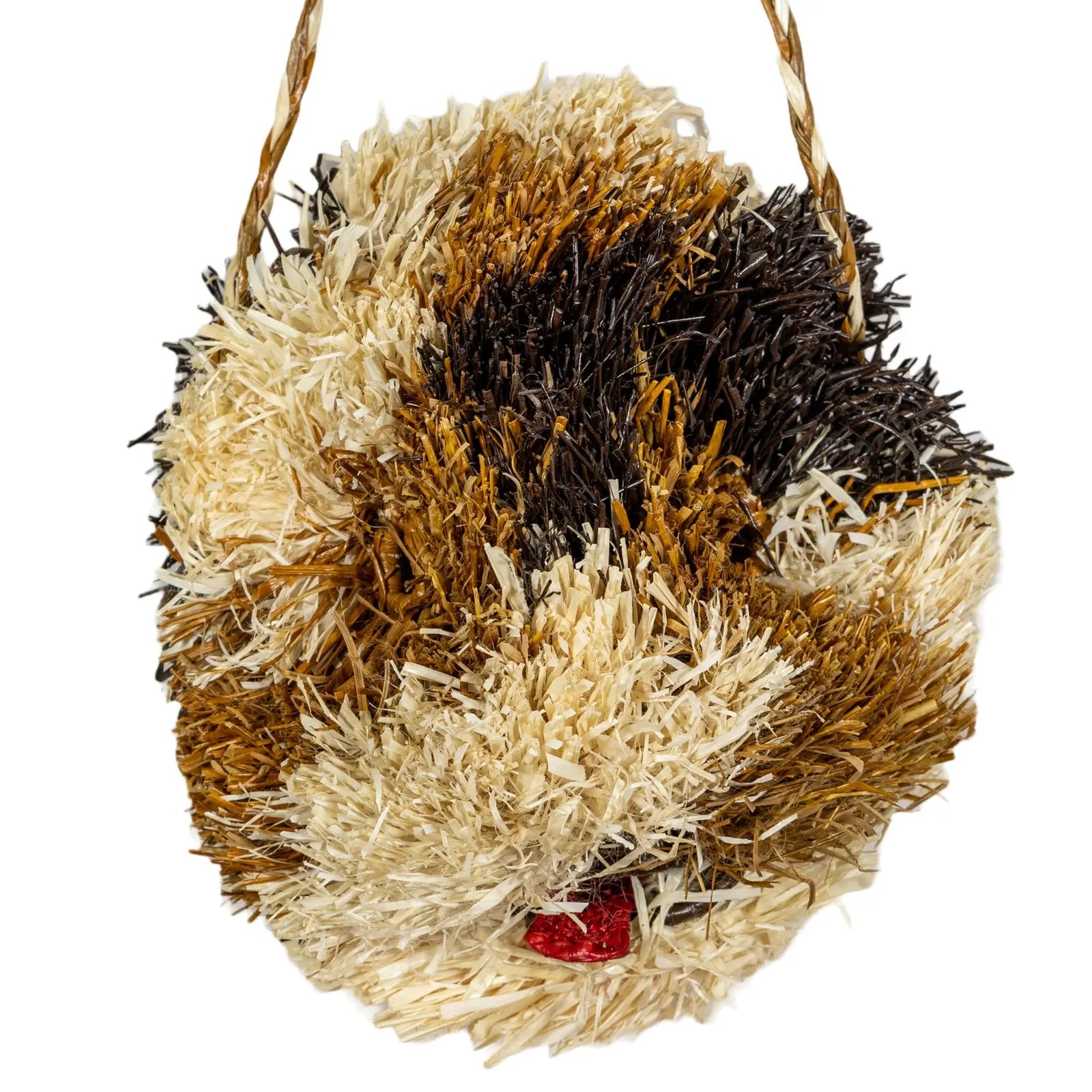 Handwoven Saint Bernard dog mask in vibrant browns and whites, featuring a red nose, made by Indigenous artisans.