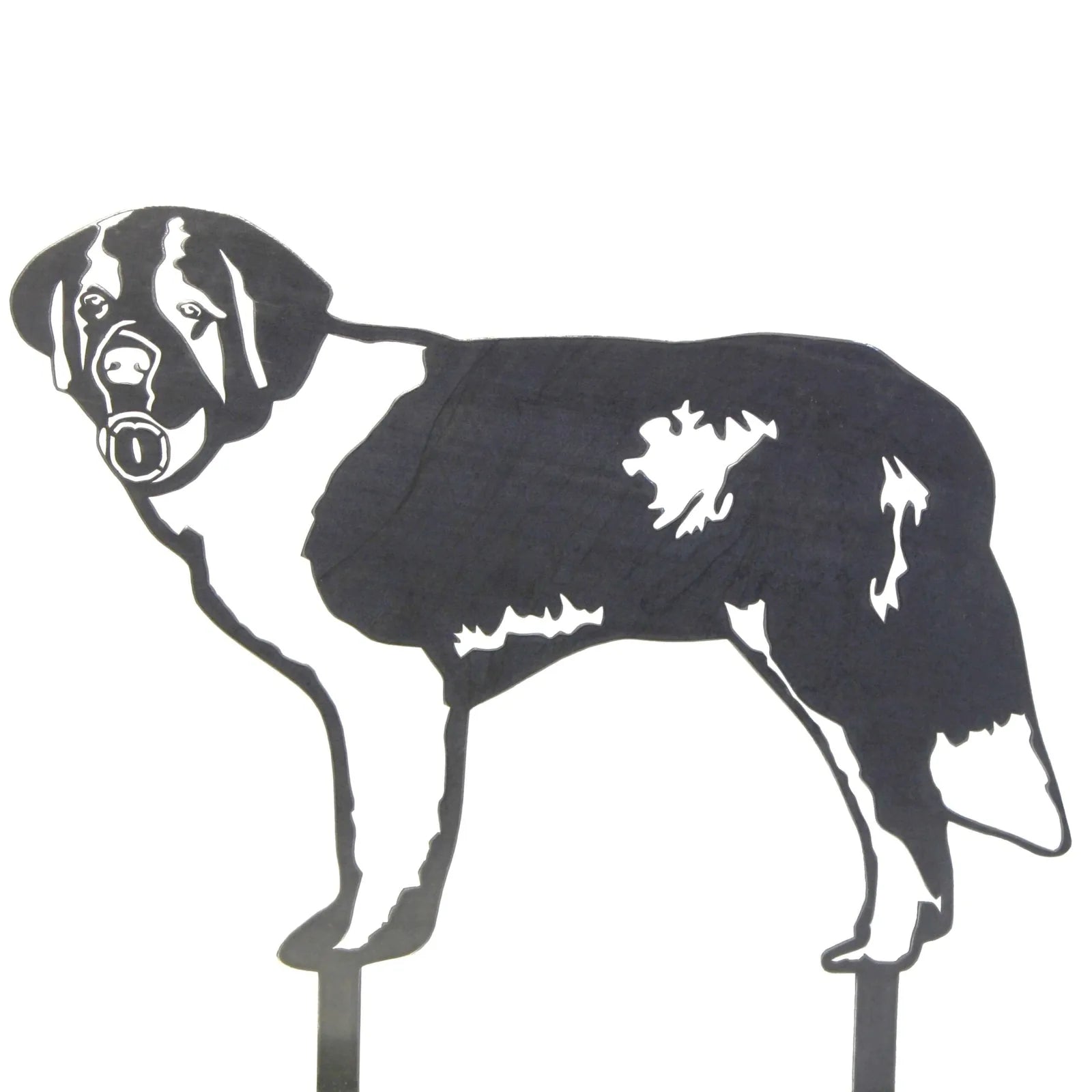 Black metal silhouette of a standing Saint Bernard dog, showcasing a detailed design suitable for outdoor decor.