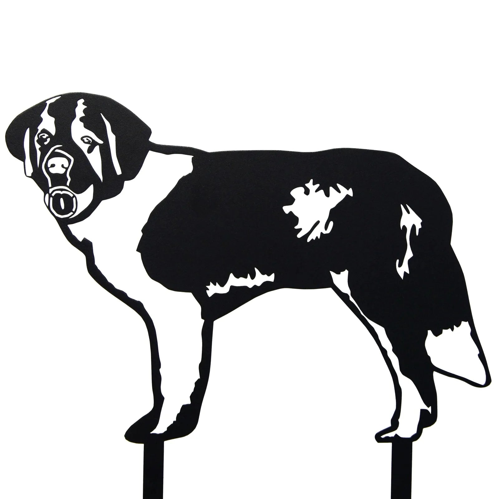 Black metal silhouette of a Saint Bernard dog, showcasing intricate detailing, ideal for outdoor decor.