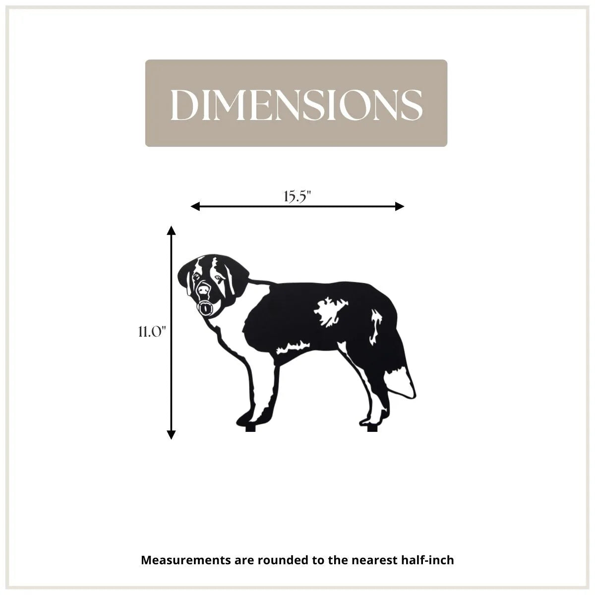 Saint Bernard metal silhouette in matte black, measuring 11" tall by 15.5" wide, ideal for outdoor dog decor.