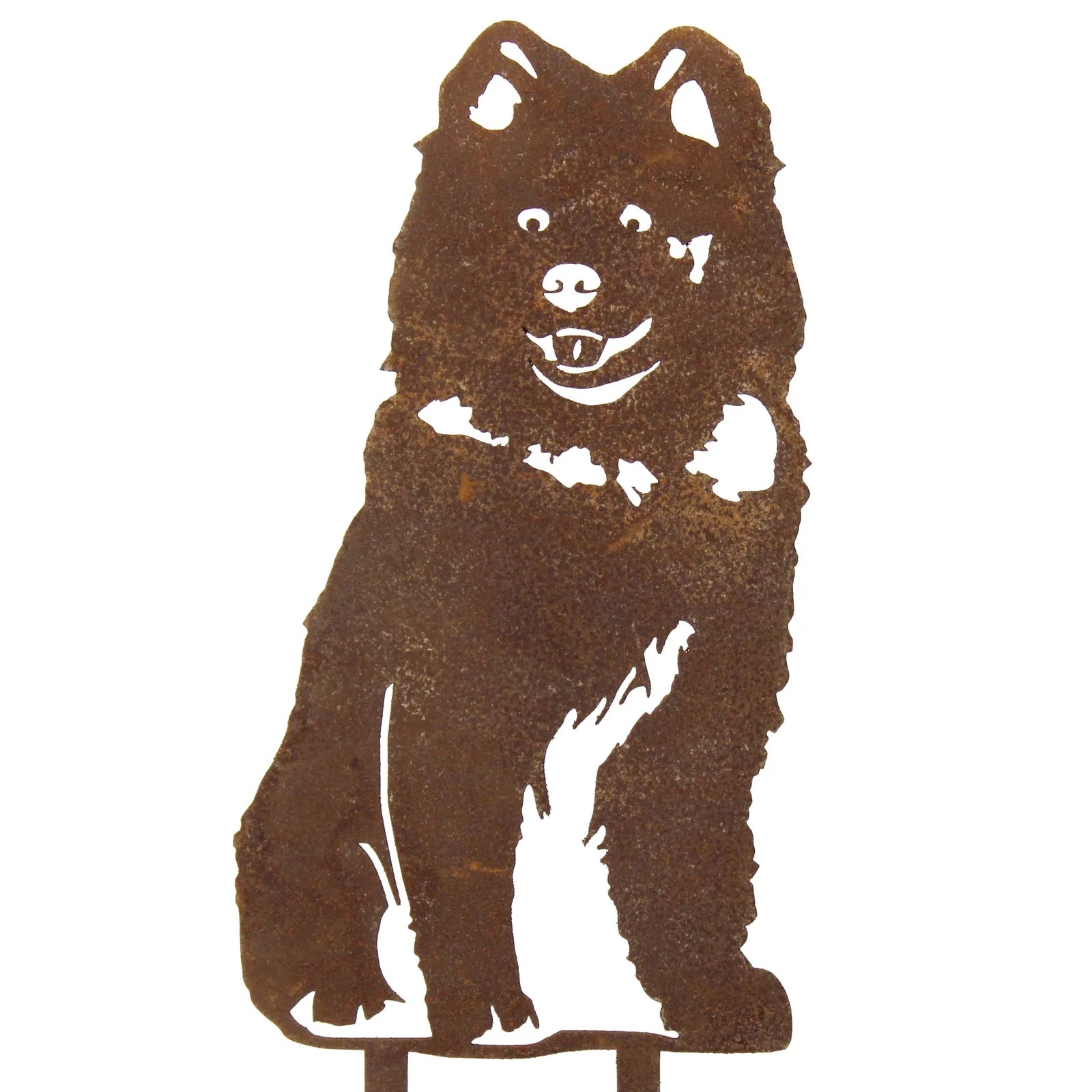 Rusty Samoyed metal silhouette, handcrafted from Corten steel, ideal for outdoor dog decor in gardens or yards.