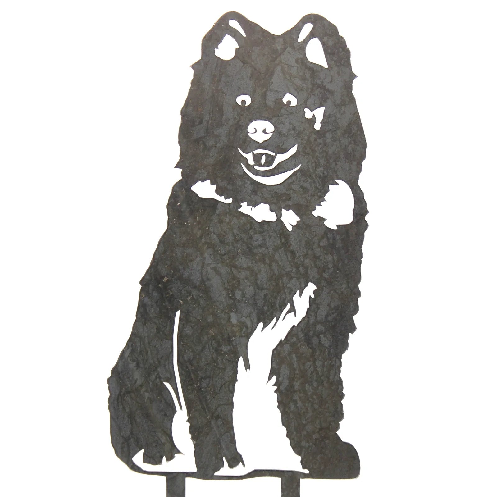 Black metal silhouette of a smiling Samoyed, showcasing intricate details in a sturdy design for outdoor decor.