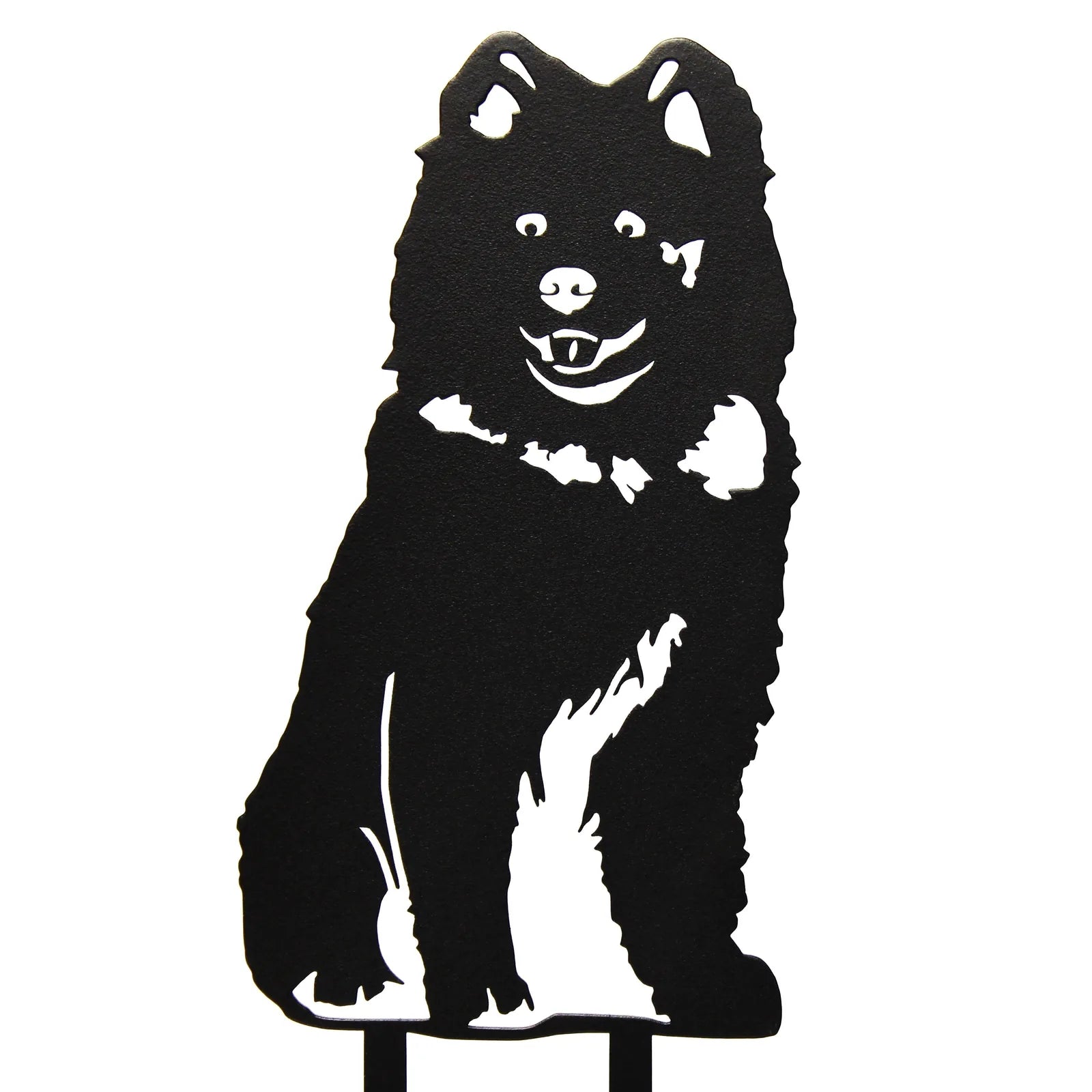 Black metal silhouette of a cheerful Samoyed dog, perfect for outdoor decor in gardens or yards.