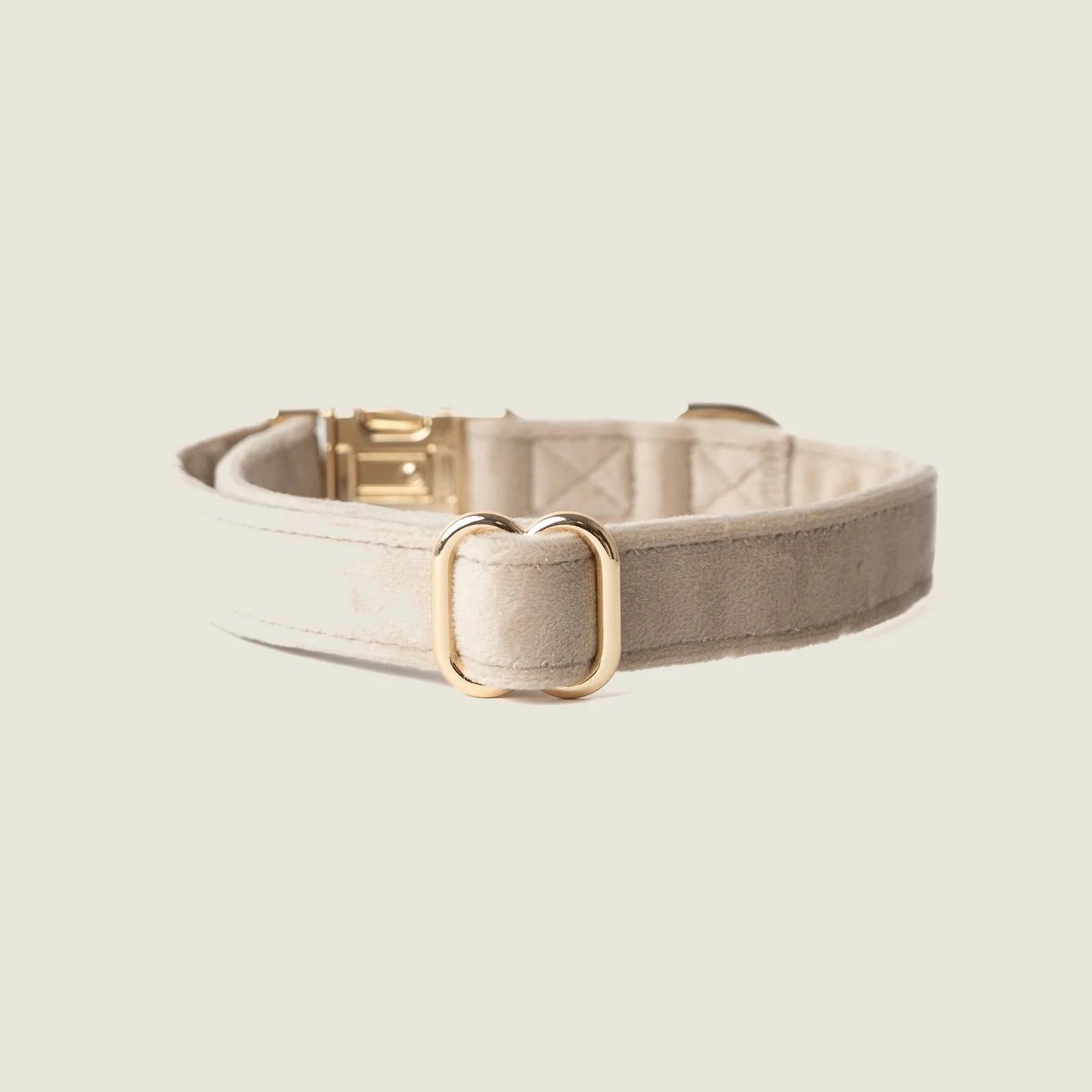 Soft beige velvet dog collar with gold hardware, featuring a subtle texture and elegant design by FURLOU.