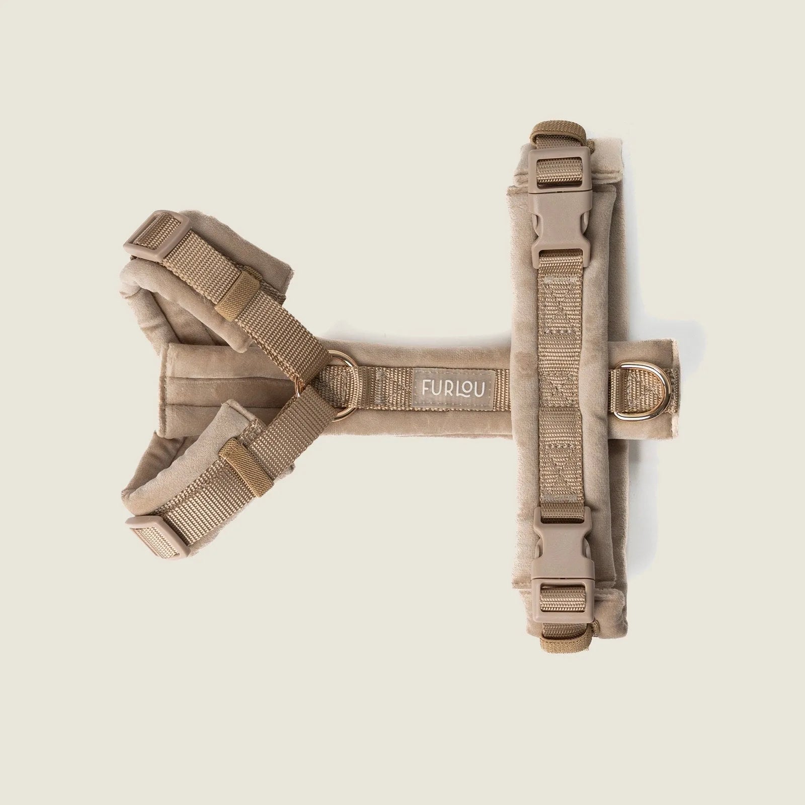 Sand velvet dog harness by FURLOU featuring padded lining and gold hardware for stylish comfort.