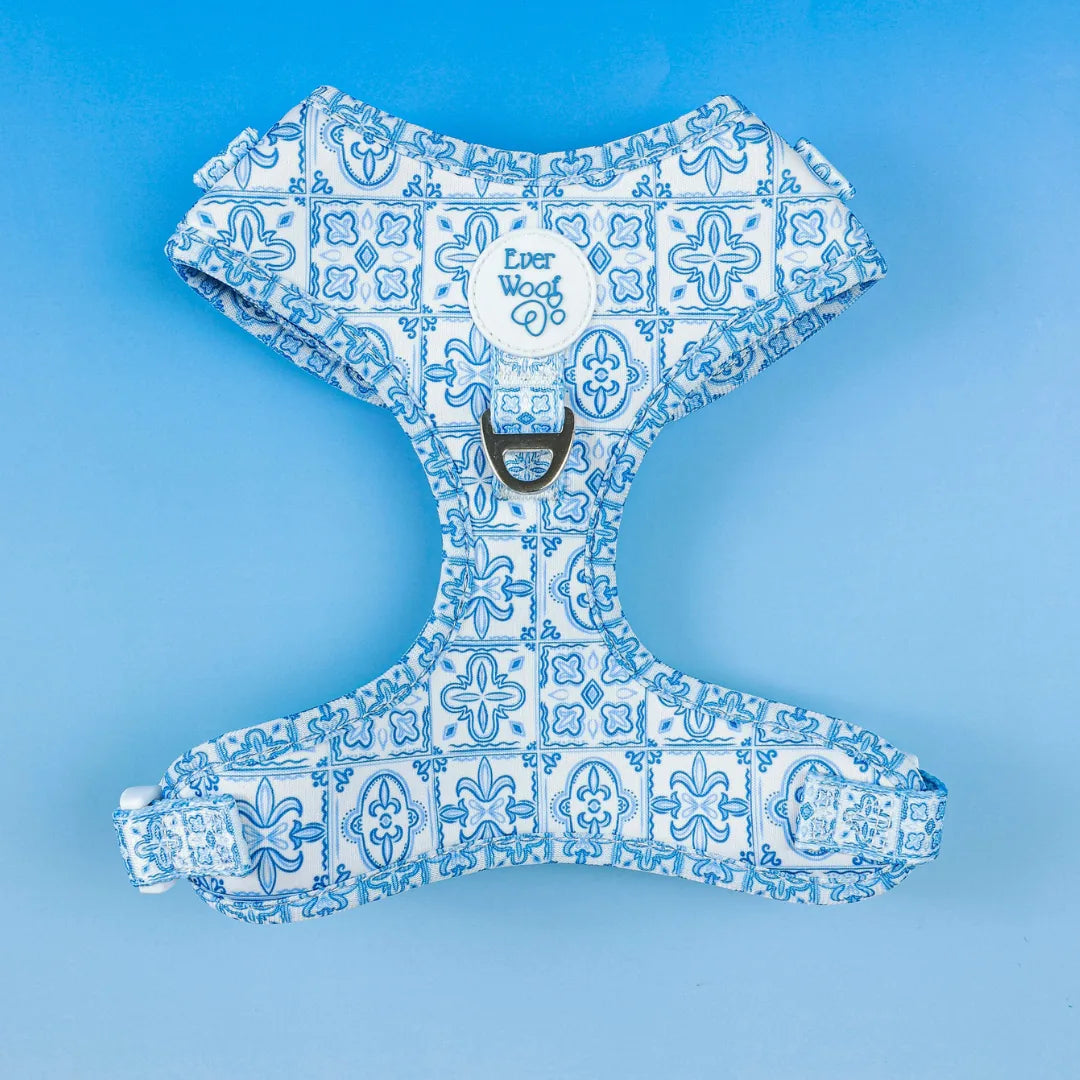 Blue and white floral-patterned Santorini Adjustable Harness by EverWoof on a light blue background.