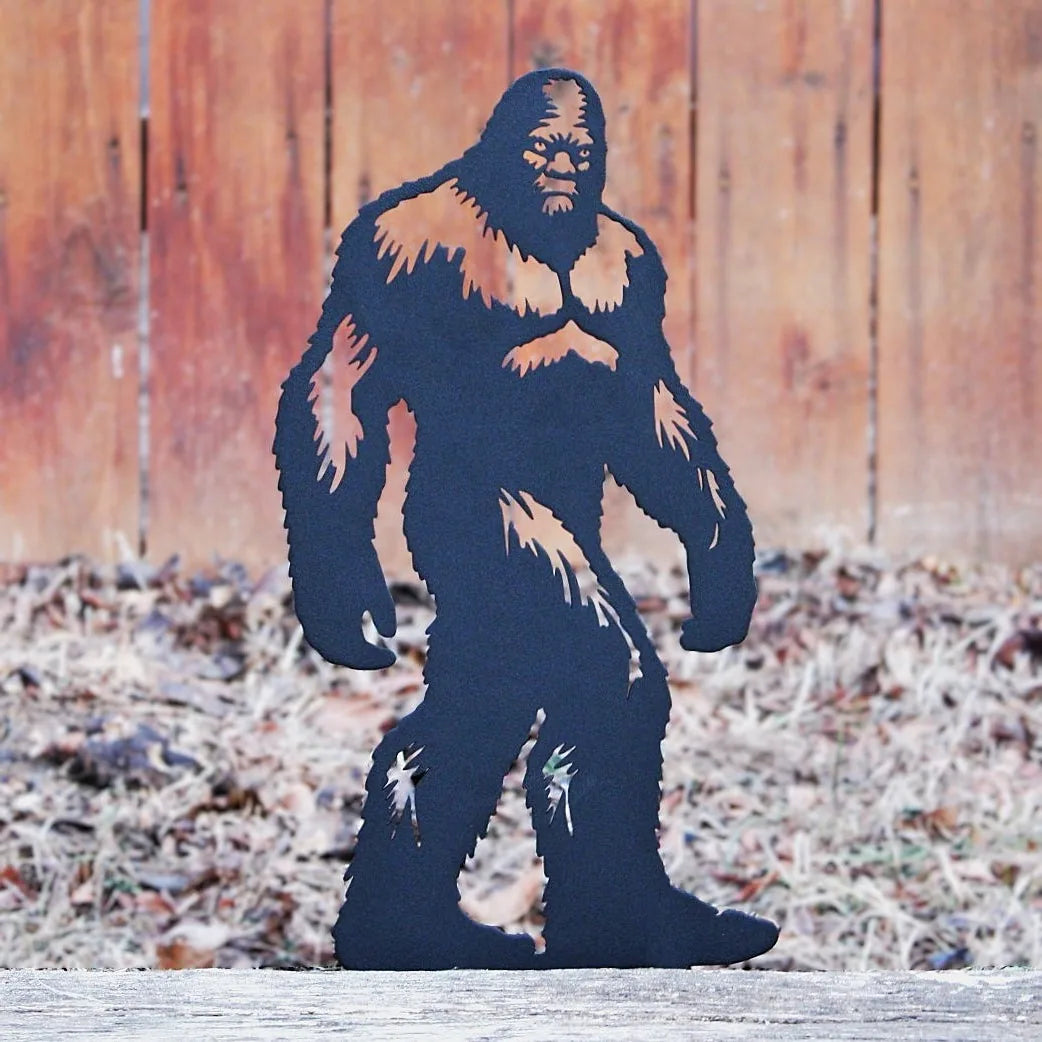 Sasquatch metal silhouette in matte black, crafted from sturdy steel, adds a bold touch to outdoor decor.
