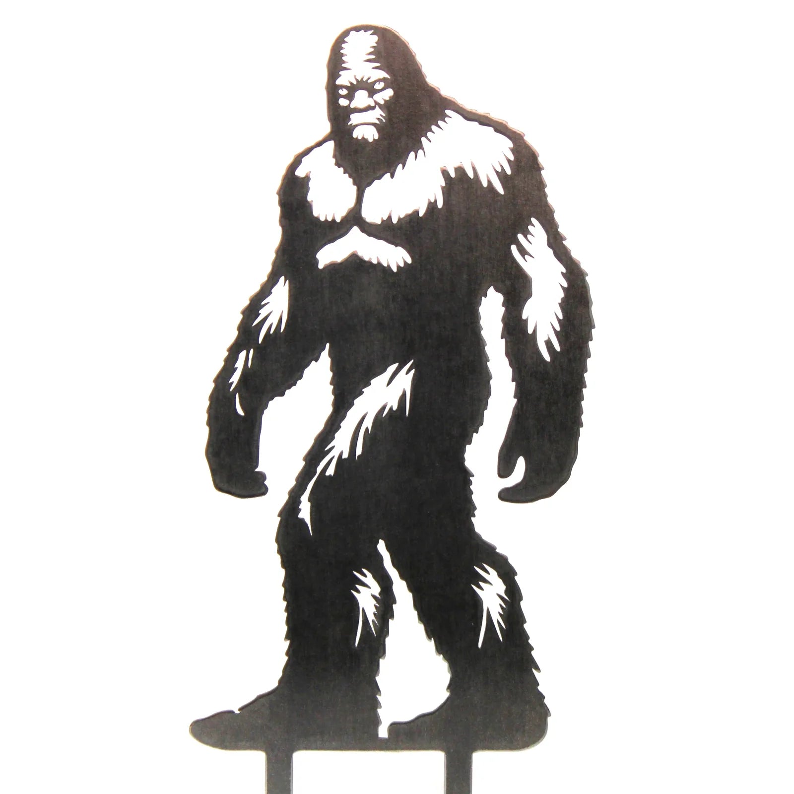 Sasquatch metal silhouette in black, showcasing detailed fur and features, perfect for outdoor decor.