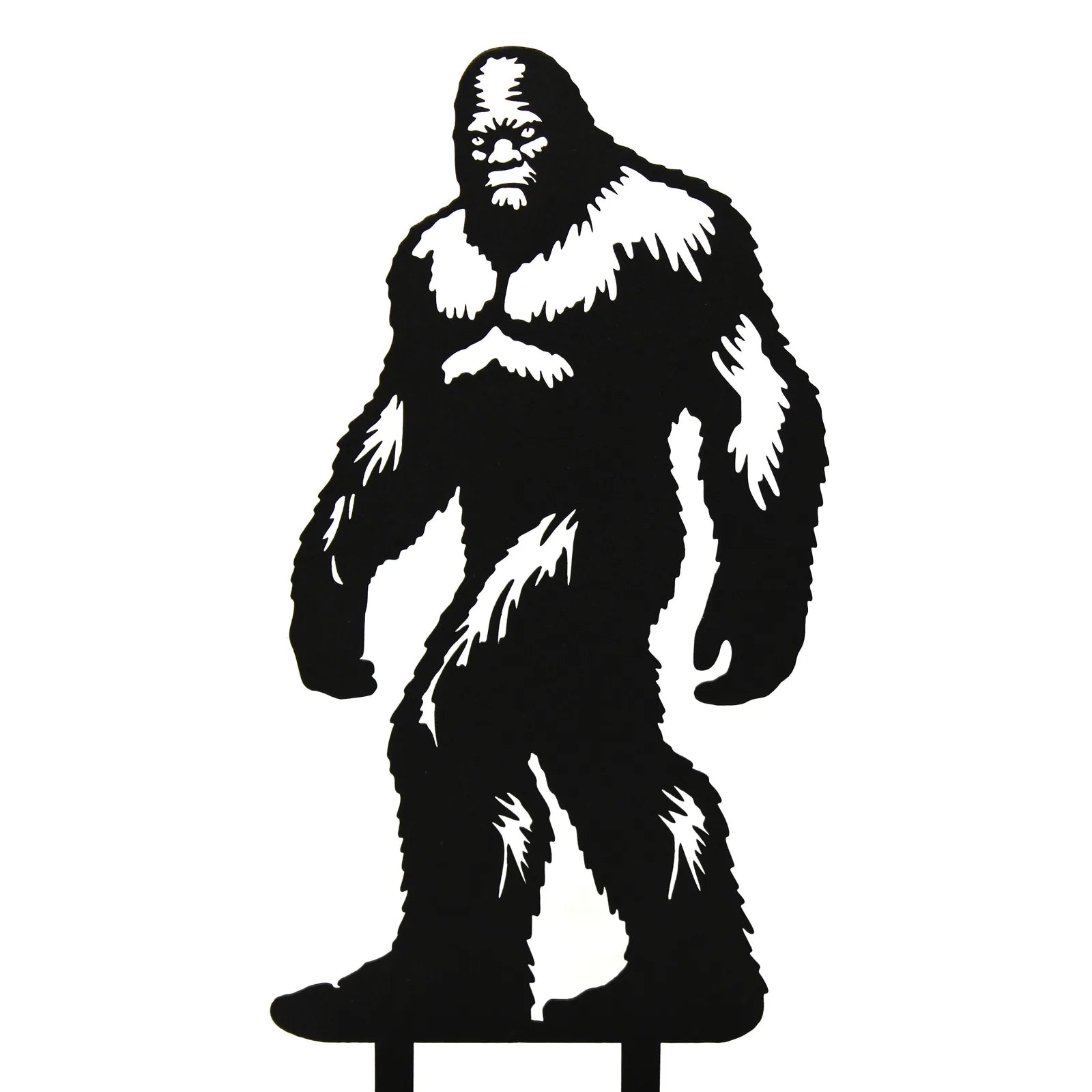 Black metal silhouette of Sasquatch, featuring detailed texture and design, ideal for outdoor decor.