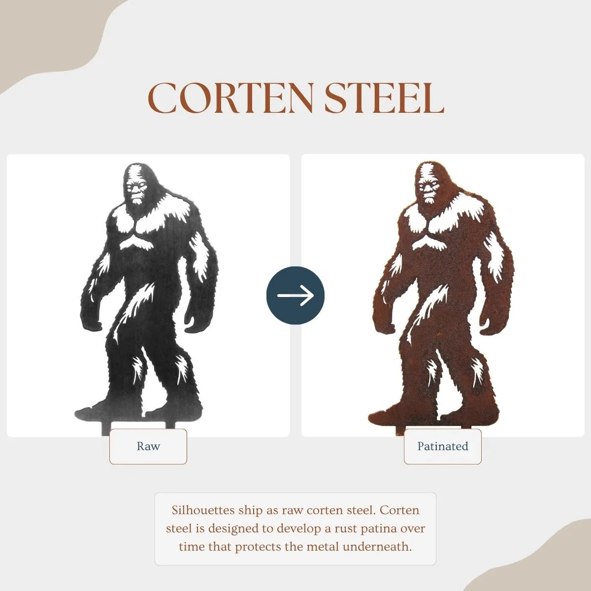 Sasquatch metal silhouette comparison: left in matte black and right in rusted Corten steel patina.