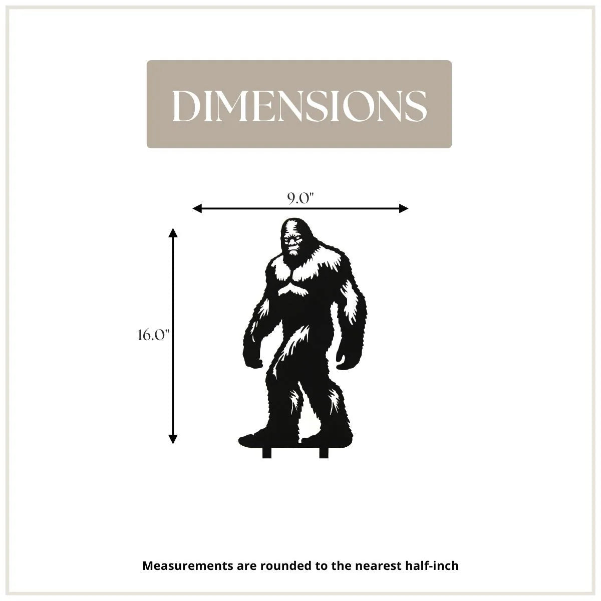 Sasquatch metal silhouette dimensions: 16" tall, 9" wide, showcasing a bold black design for outdoor decor.