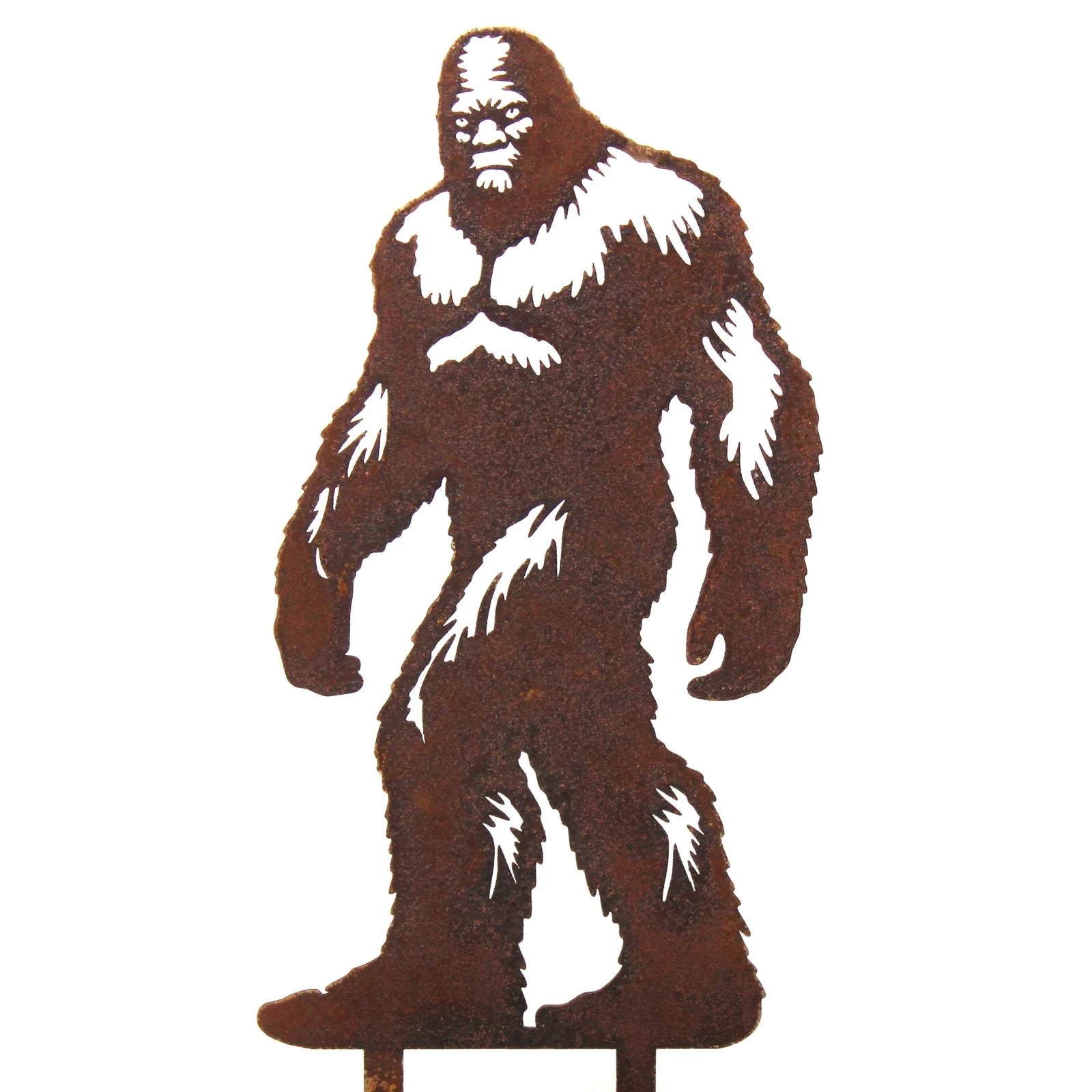 Rusty Corten steel Sasquatch silhouette with detailed features, ideal for outdoor decor.