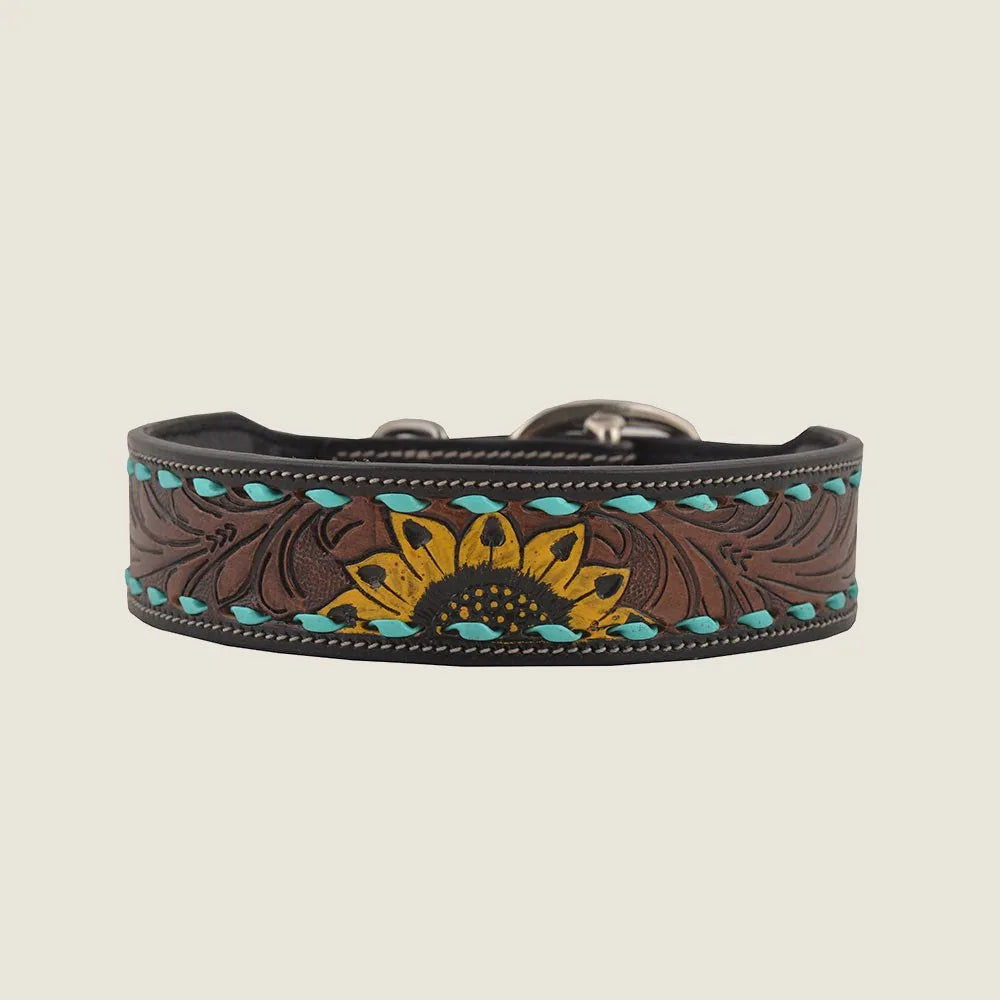 Hand-tooled leather dog collar featuring a sunflower design with brown and turquoise accents, ideal for outdoor activities.
