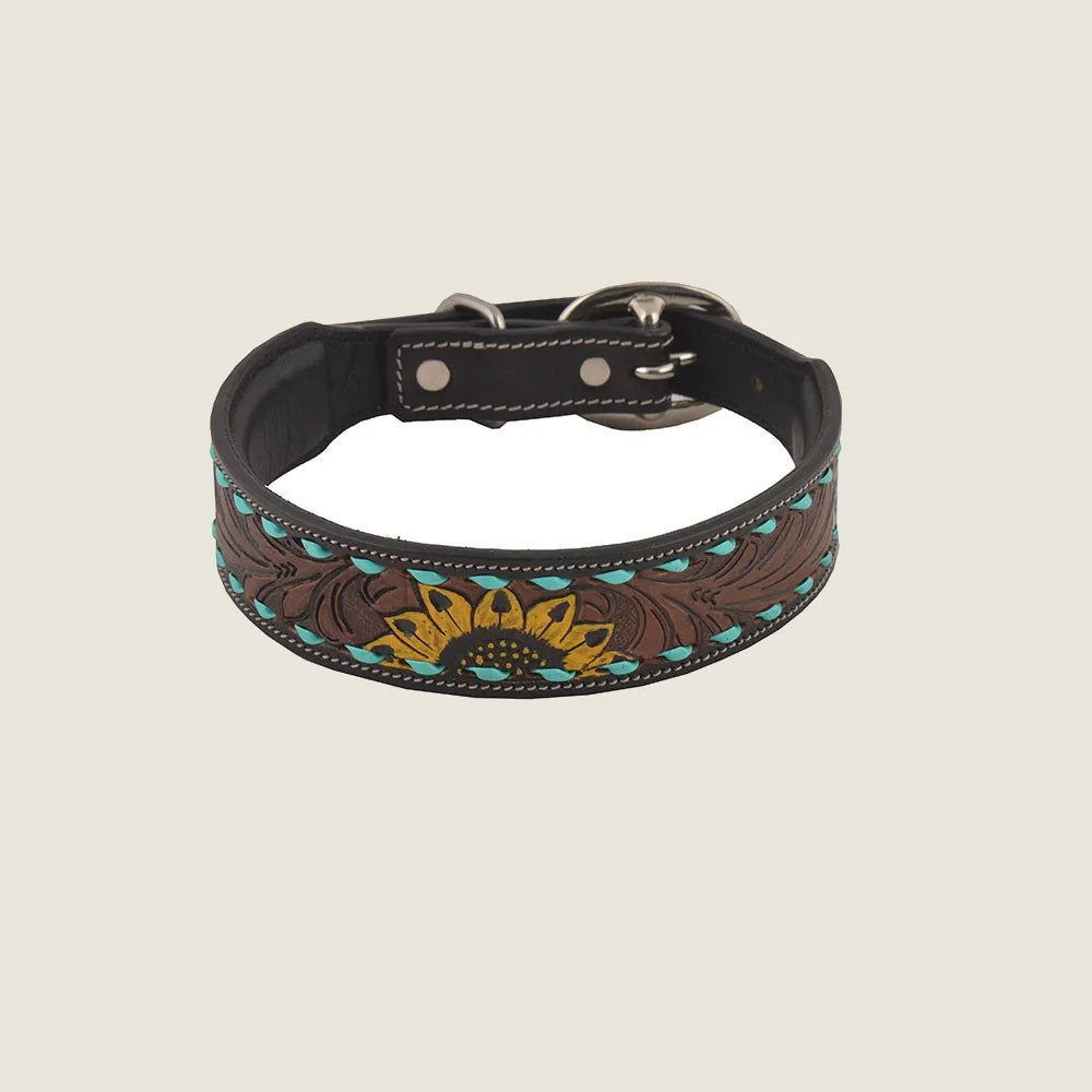 Hand-tooled leather dog collar featuring a sunflower design in brown, yellow, and turquoise, with adjustable fit.