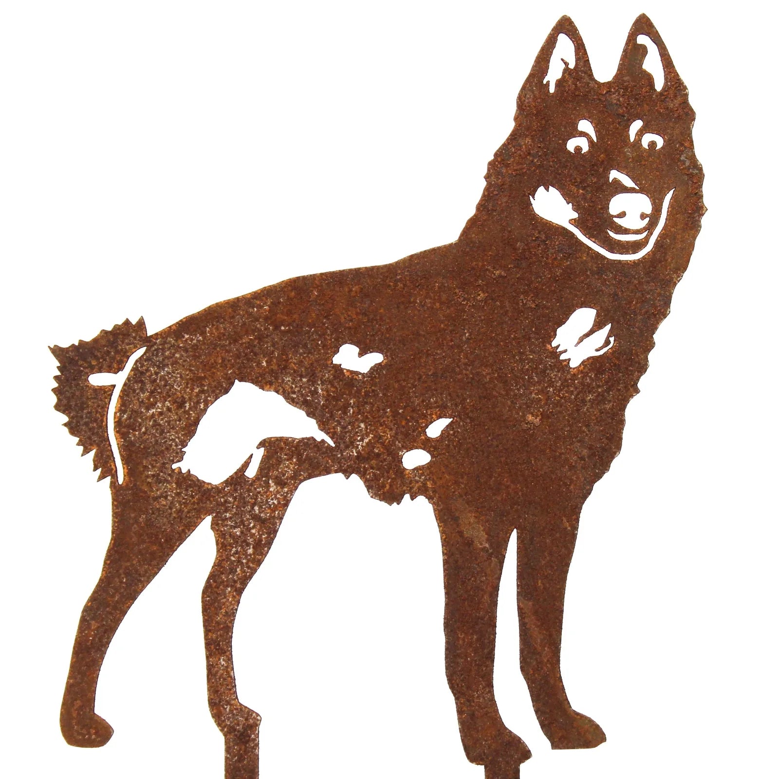 Rust-colored Schipperke metal silhouette, handcrafted from weathering steel, perfect for outdoor dog-themed decor.