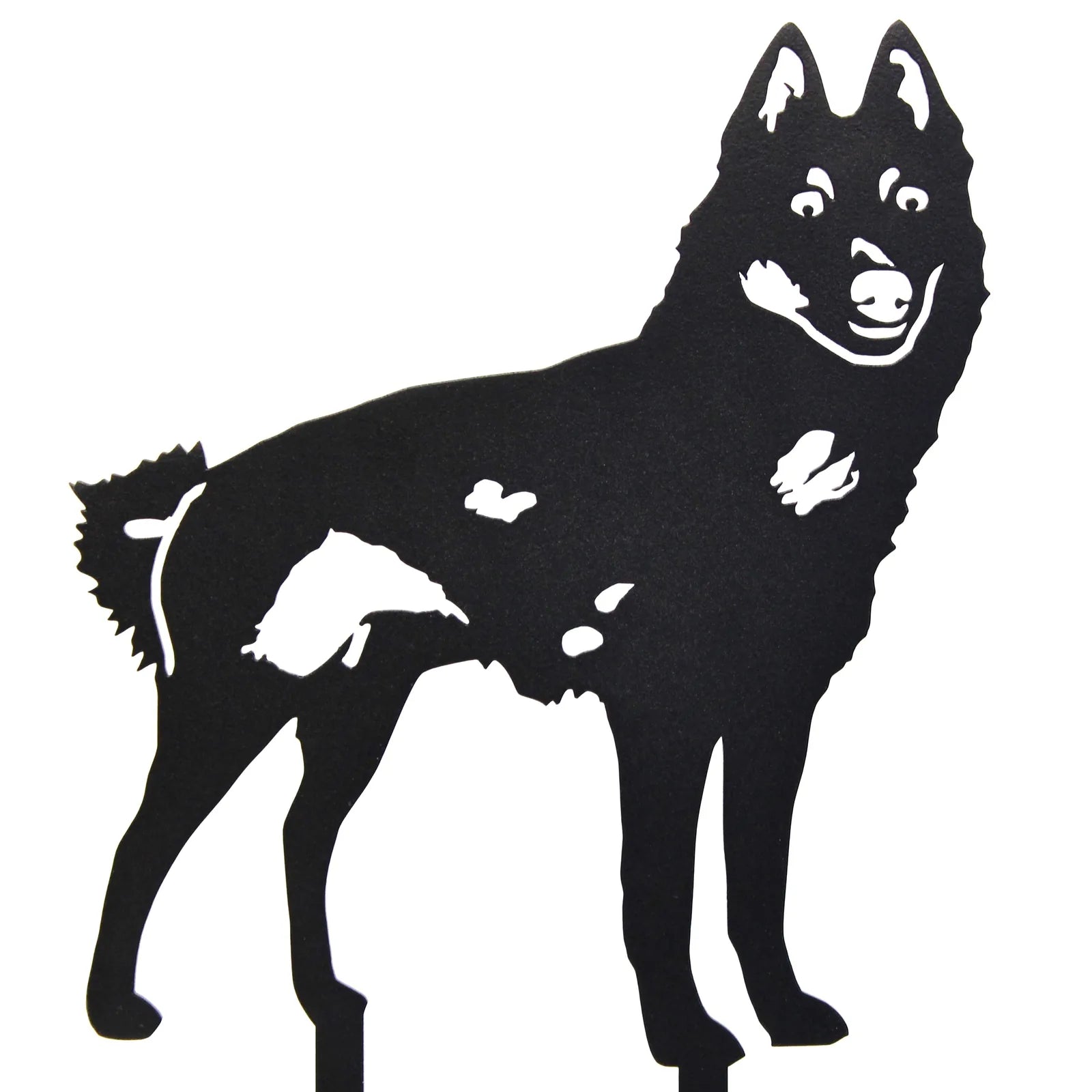 Black metal silhouette of a Schipperke dog, showcasing its distinctive shape and playful stance, perfect for outdoor decor.