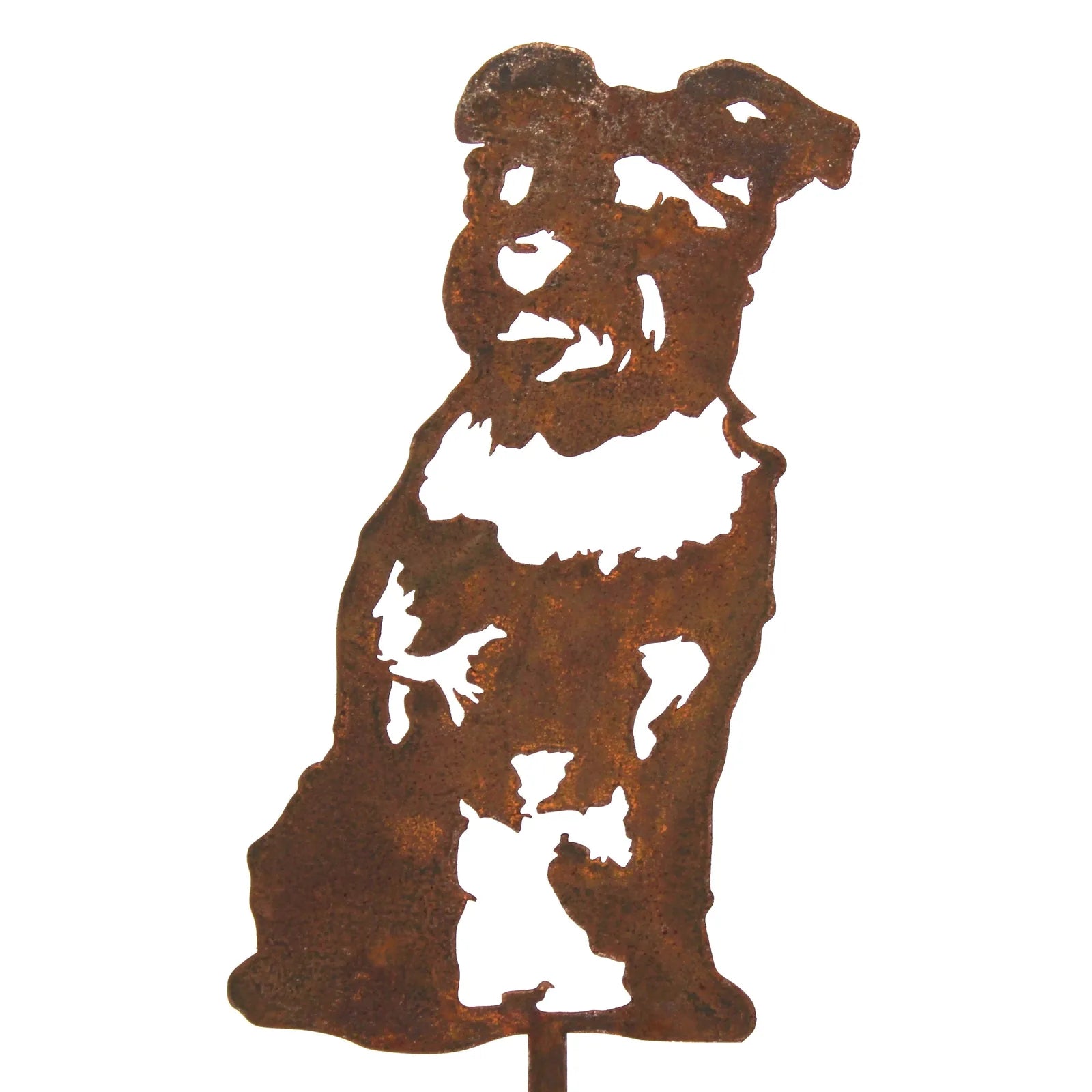 Rusty Corten steel silhouette of a seated Schnauzer, featuring detailed cutouts for a decorative outdoor touch.