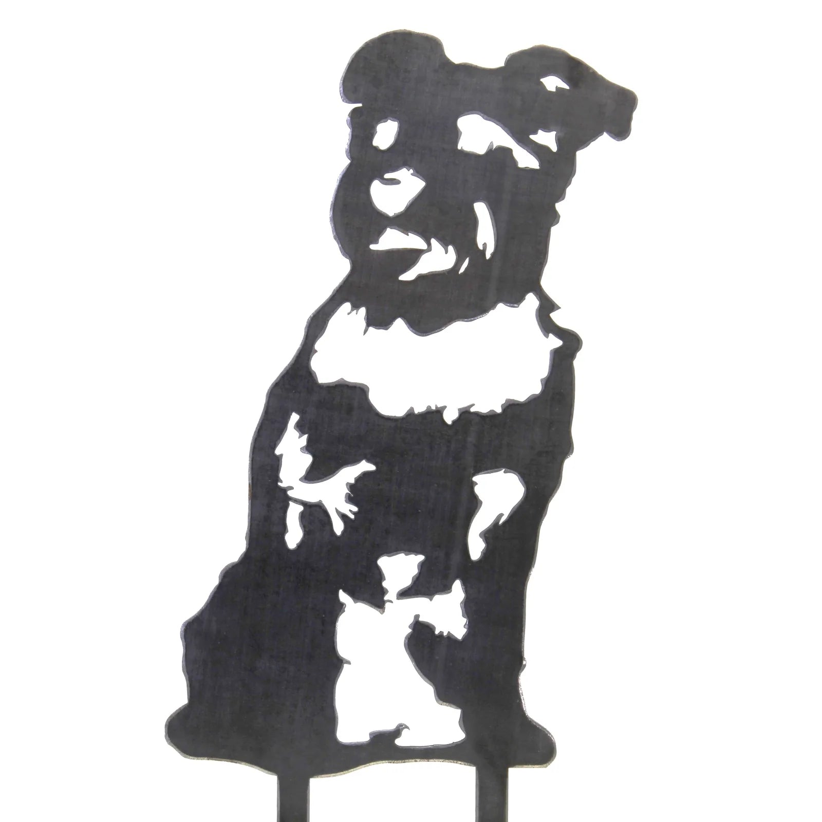 Black metal silhouette of a Schnauzer, showcasing detailed features, designed for outdoor decor.