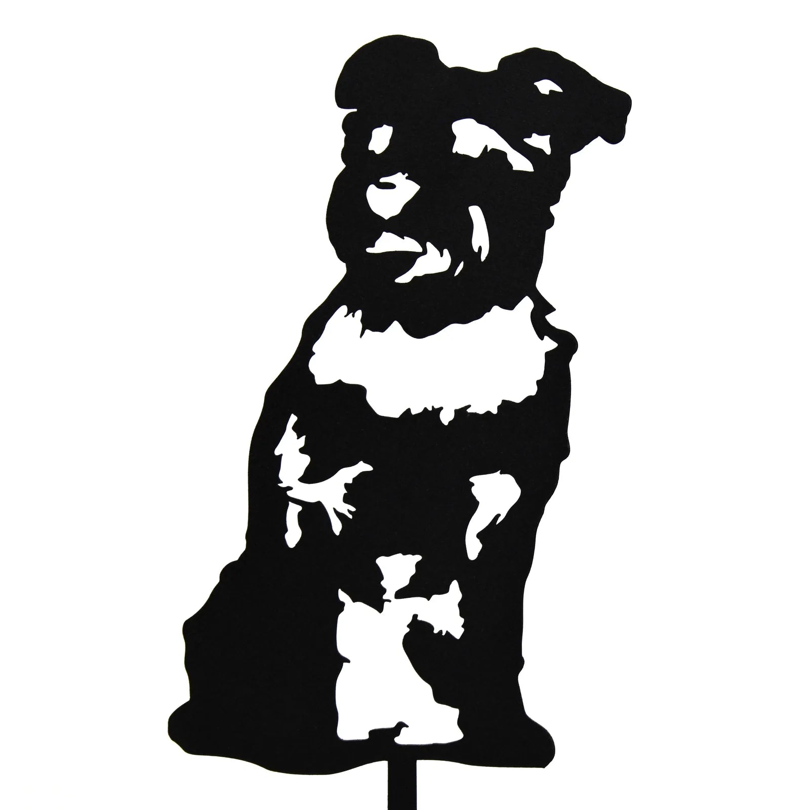 Black metal silhouette of a Schnauzer, showcasing intricate details, perfect for outdoor dog decor in gardens.