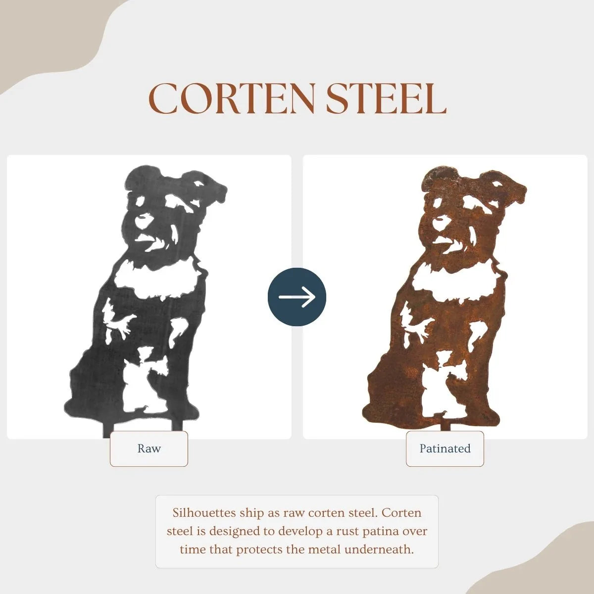 Schnauzer silhouette in raw Corten steel, showcasing its evolving rust patina feature for outdoor decor.