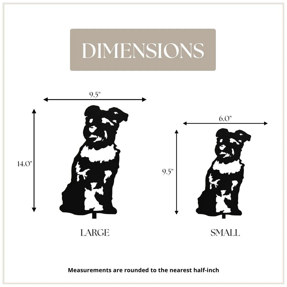 Dimensions of Schnauzer metal wall art in black silhouette, showing large (14") and small (9.5") sizes for outdoor display.