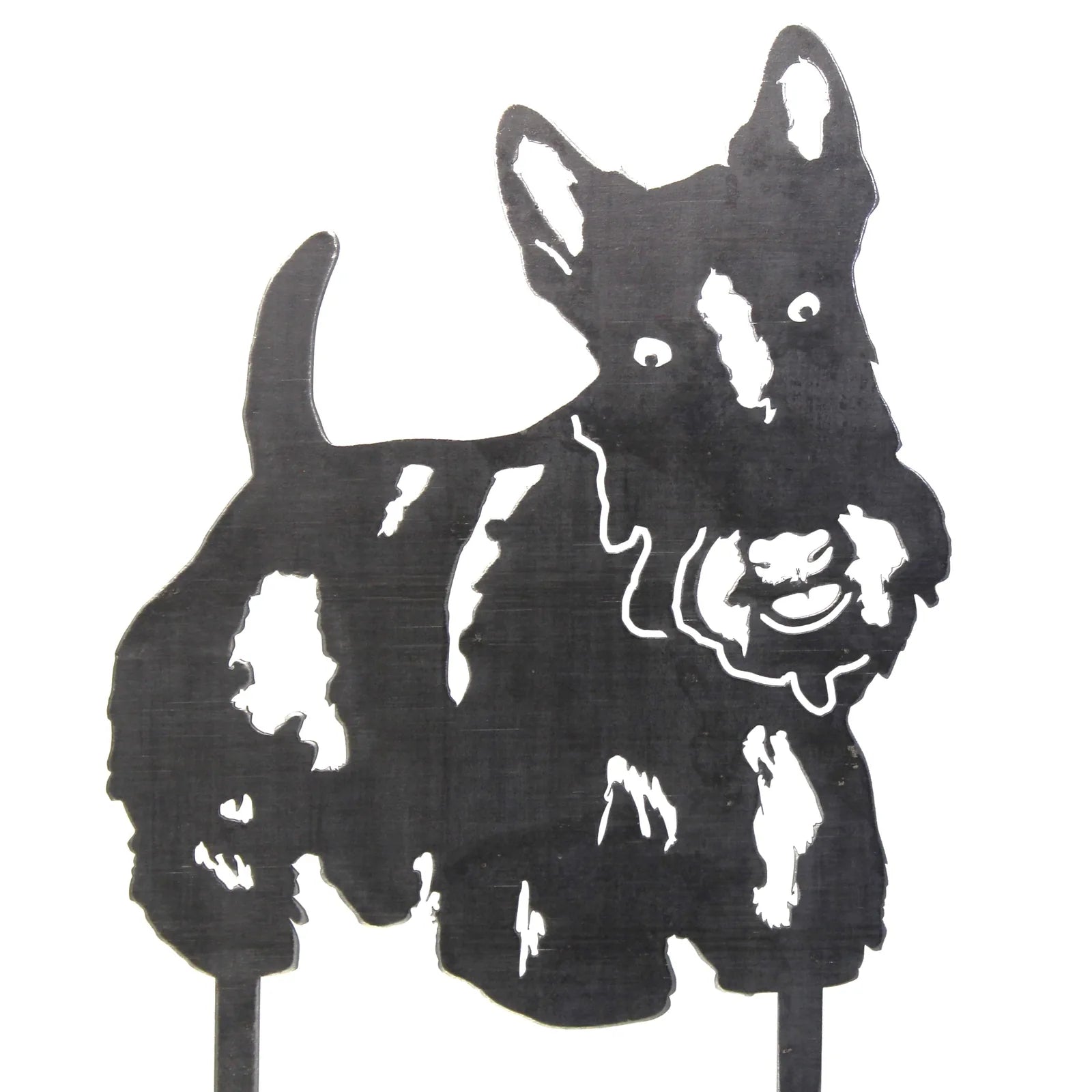 Scottish Terrier metal silhouette in matte black, featuring detailed cutouts of the dog's face and body, perfect for garde...
