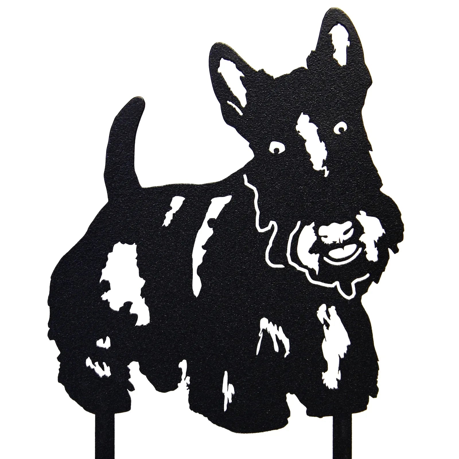 Black metal silhouette of a Scottish Terrier, showcasing detailed facial features and textured fur for garden decor.