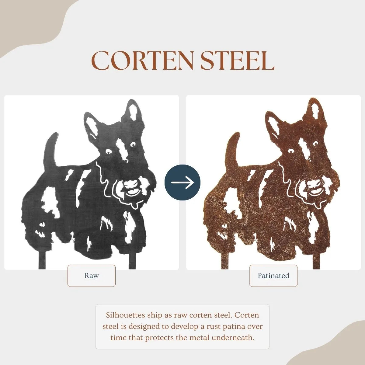 Scottish Terrier silhouette in raw Corten steel transitioning to a rusted patina, showcasing handmade garden art design.
